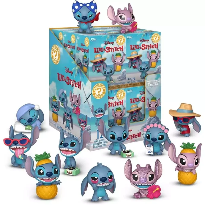 Figuras de vinilo y caja expositora de Lilo y Stitch.
