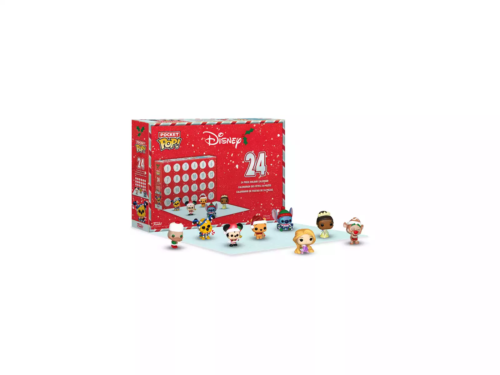 Un calendario de adviento rojo de Disney Pocket Pop! con 24 figuras navideñas al frente.