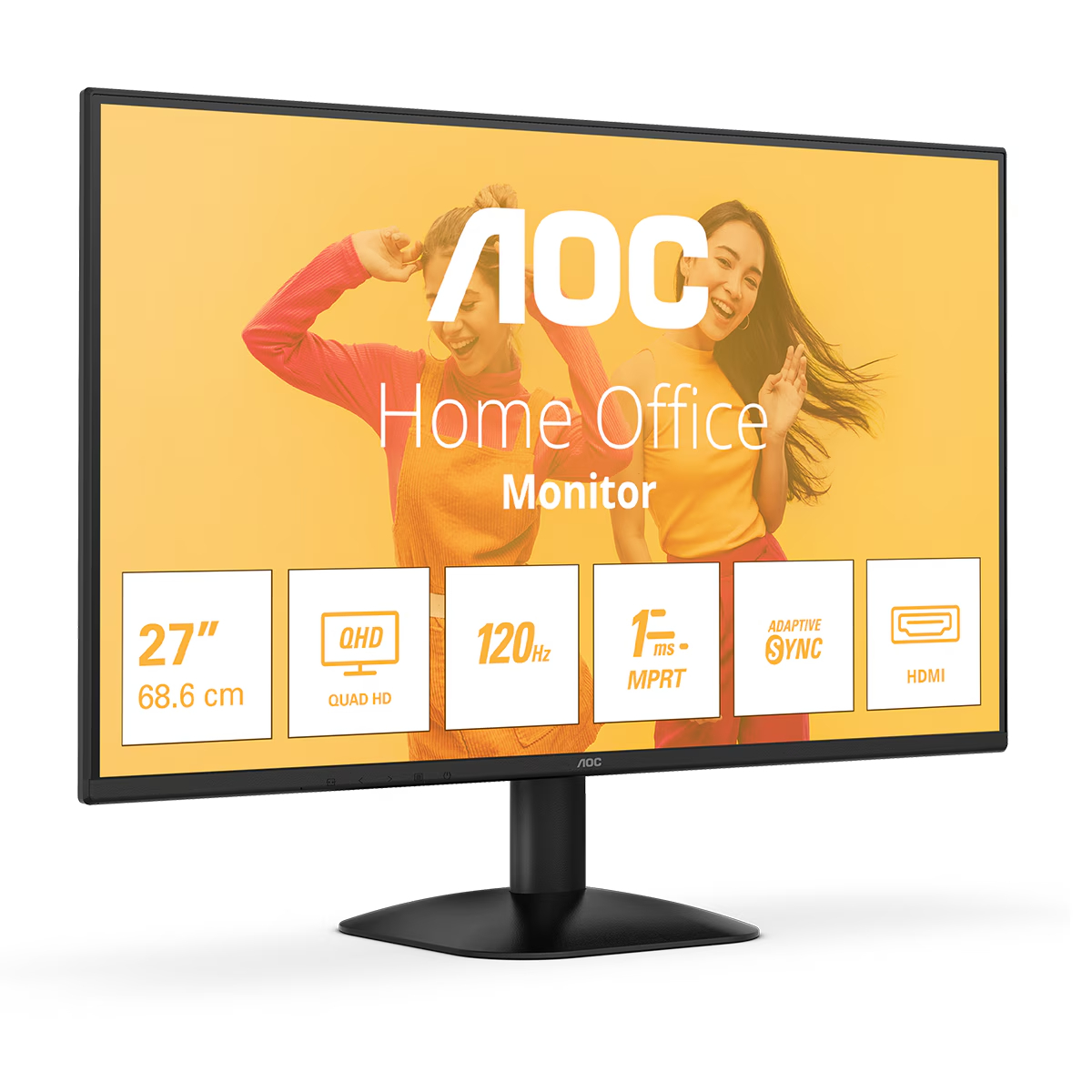 Monitor de oficina en casa AOC de 27 pulgadas que muestra funciones como QHD, 120Hz y HDMI sobre fondo naranja.