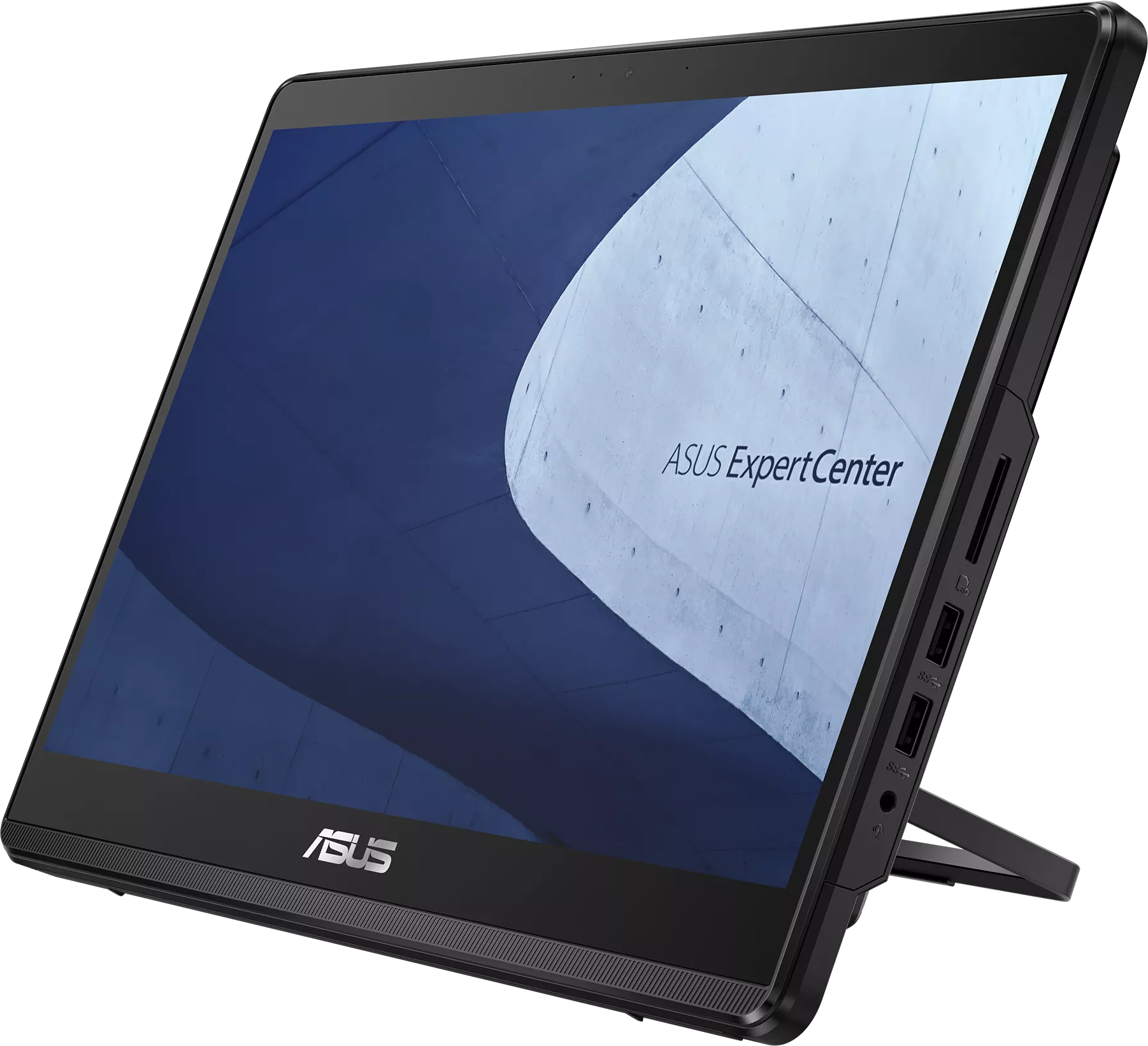 Egy ASUS ExpertCenter minden egyben számítógép fekete háttér előtt.