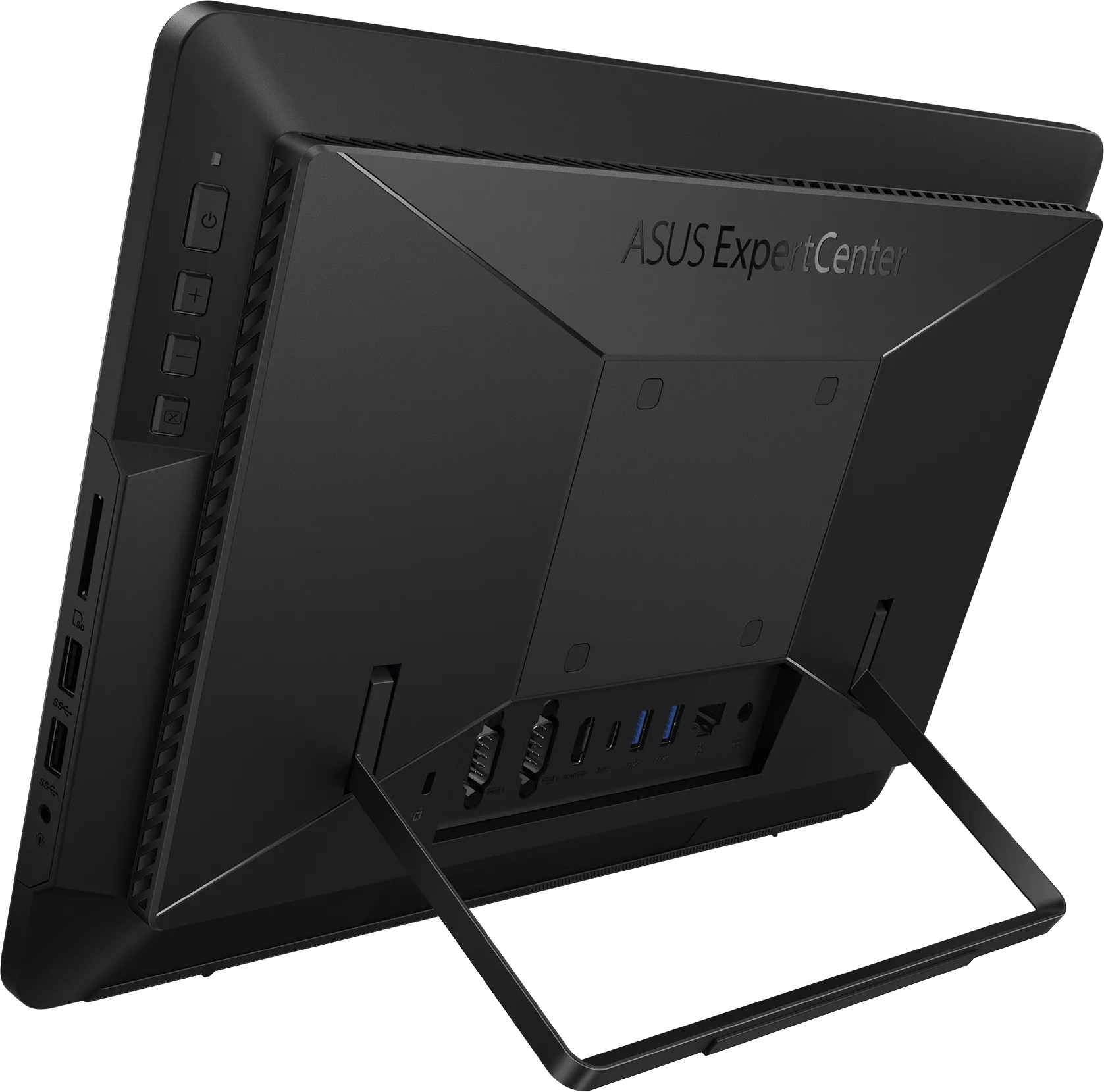 A fekete ASUS ExpertCenter minden egyben PC hátoldala az állvánnyal és a portokkal.