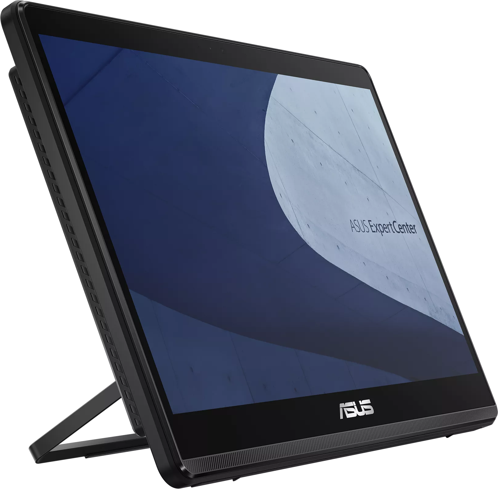 Fekete Asus ExpertCenter táblagép állványon, képernyőjén kék absztrakt háttérképpel.