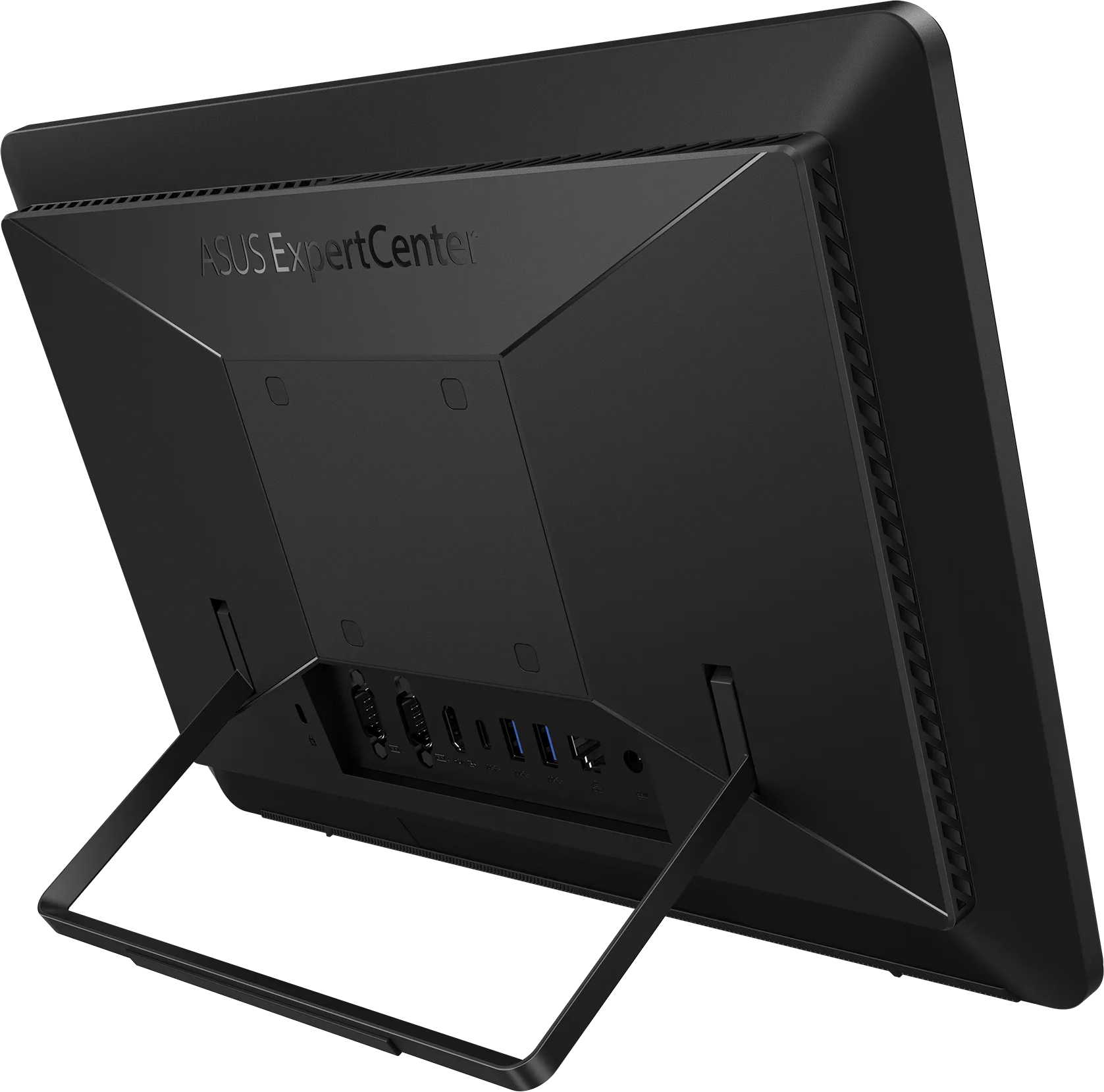 Fekete ASUS ExpertCenter all-in-one PC hátulnézete beépített állvánnyal és különféle csatlakozókkal.