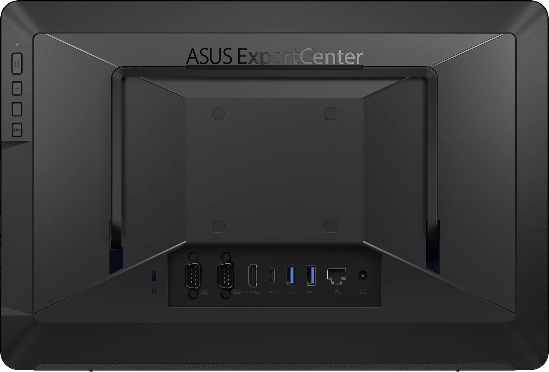Fekete ASUS ExpertCenter egyben PC hátlapja alsó csatlakozókkal és középső VESA konzollal.