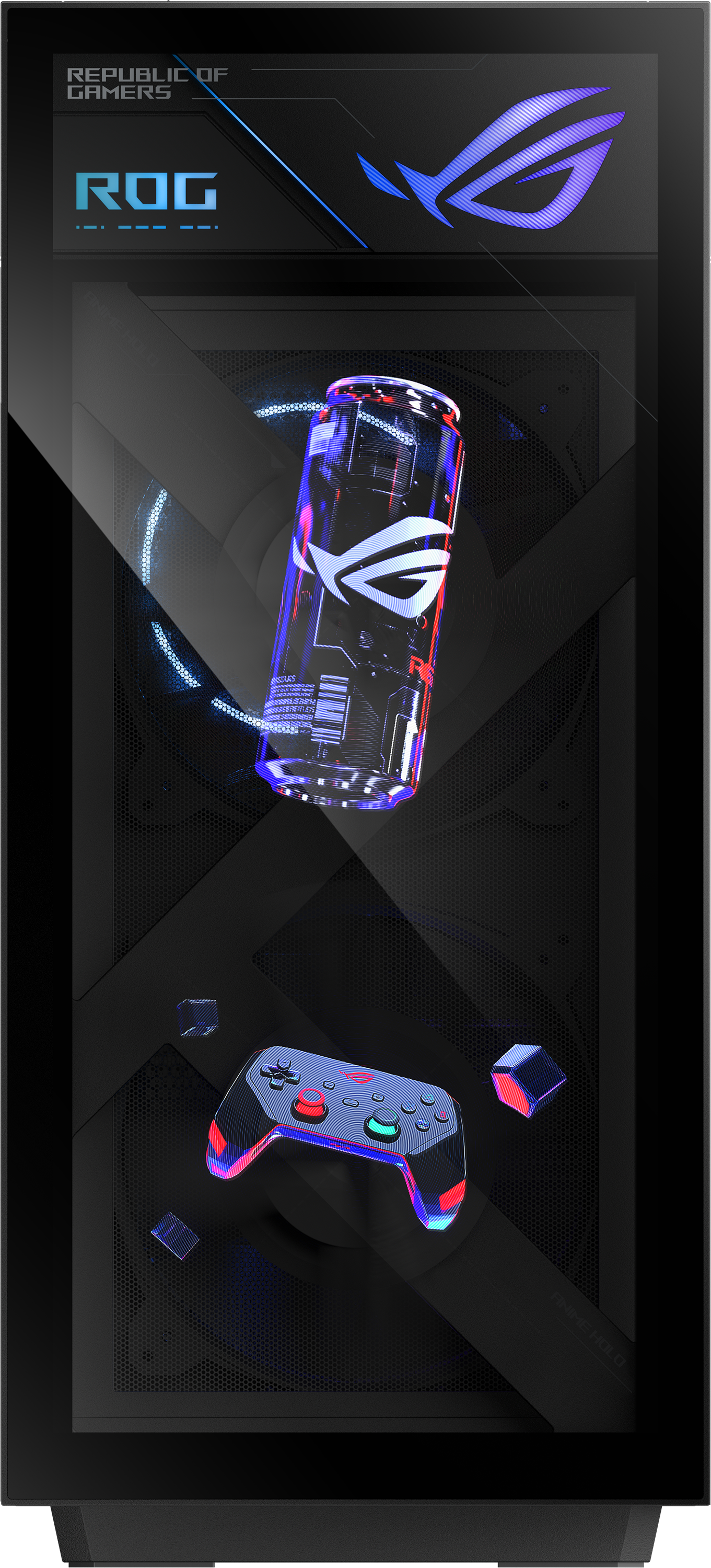 Futurisztikus gamer PC előlap ROG logóval, lebegő dobozzal és neonkék-piros kontrollerrel.