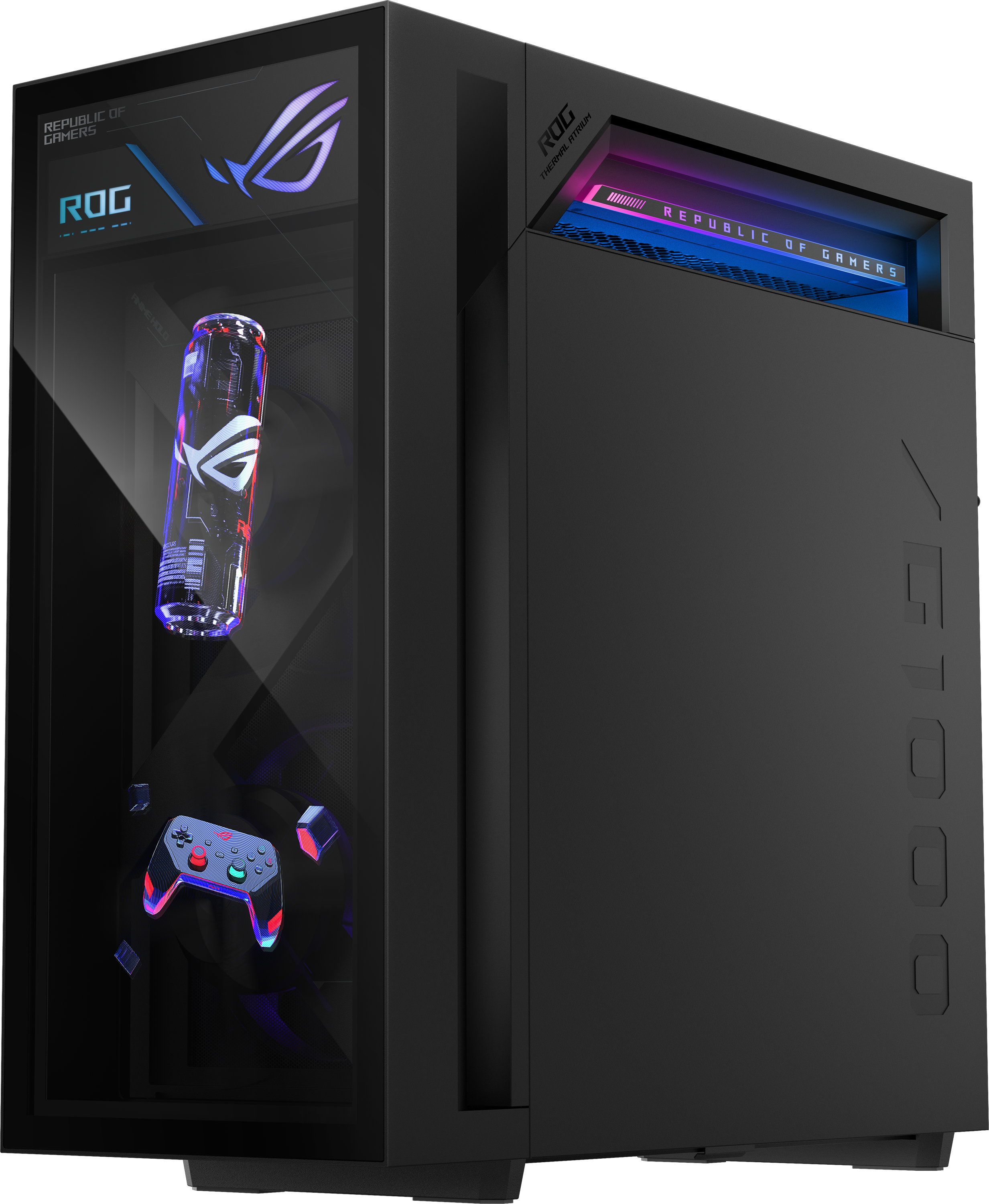 Egy fekete ROG gamer PC kék és lila RGB fényekkel, egy kontrollerrel és egy dobozzal a belsejében.