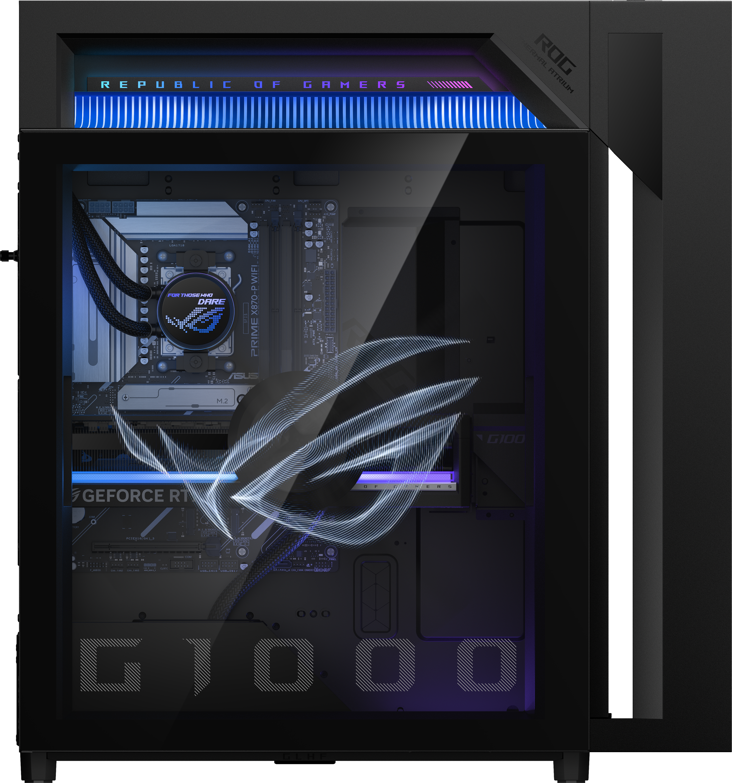 Fekete PC-ház üvegoldallal, kék belső világítással és ROG logóval.
