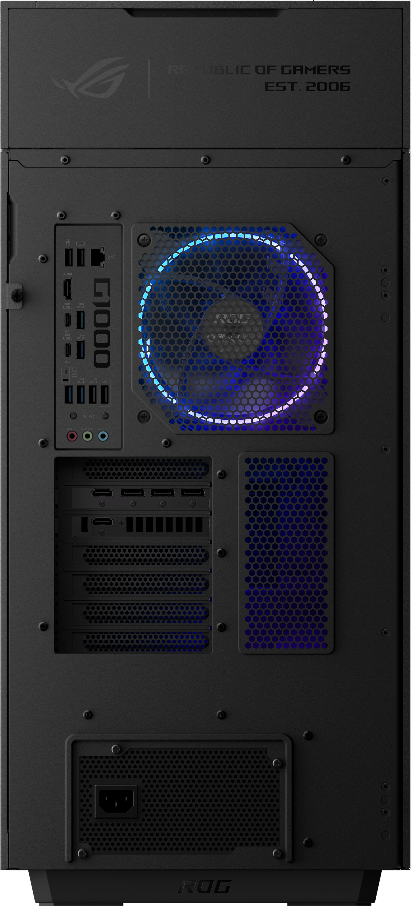 Fekete PC-ház hátlapja portokkal, kék világító ventilátorral, bővítőhelyekkel és alsó tápegységgel.