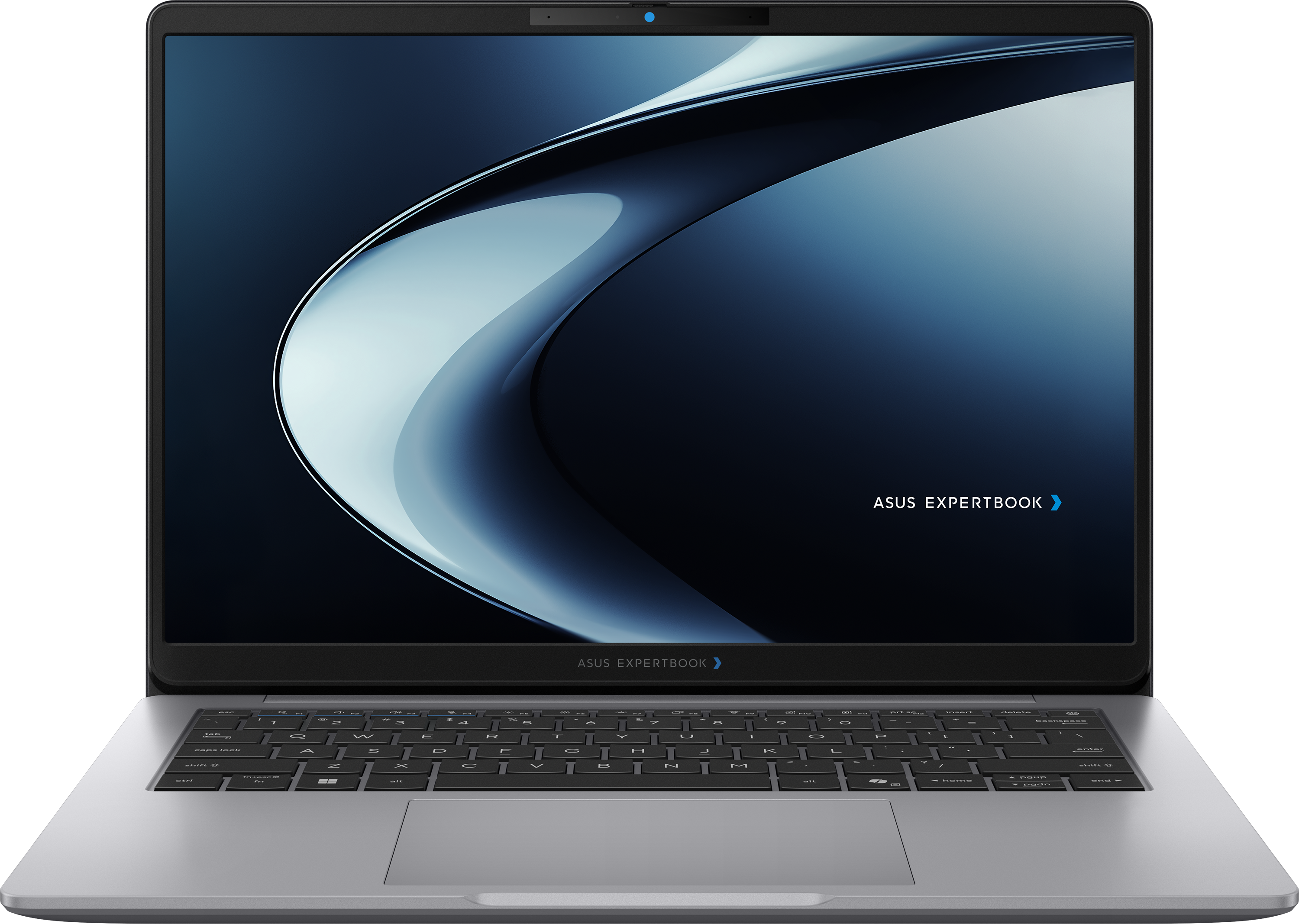 Egy ezüst színű ASUS ExpertBook laptop elülső nézete bekapcsolt képernyővel és billentyűzettel.