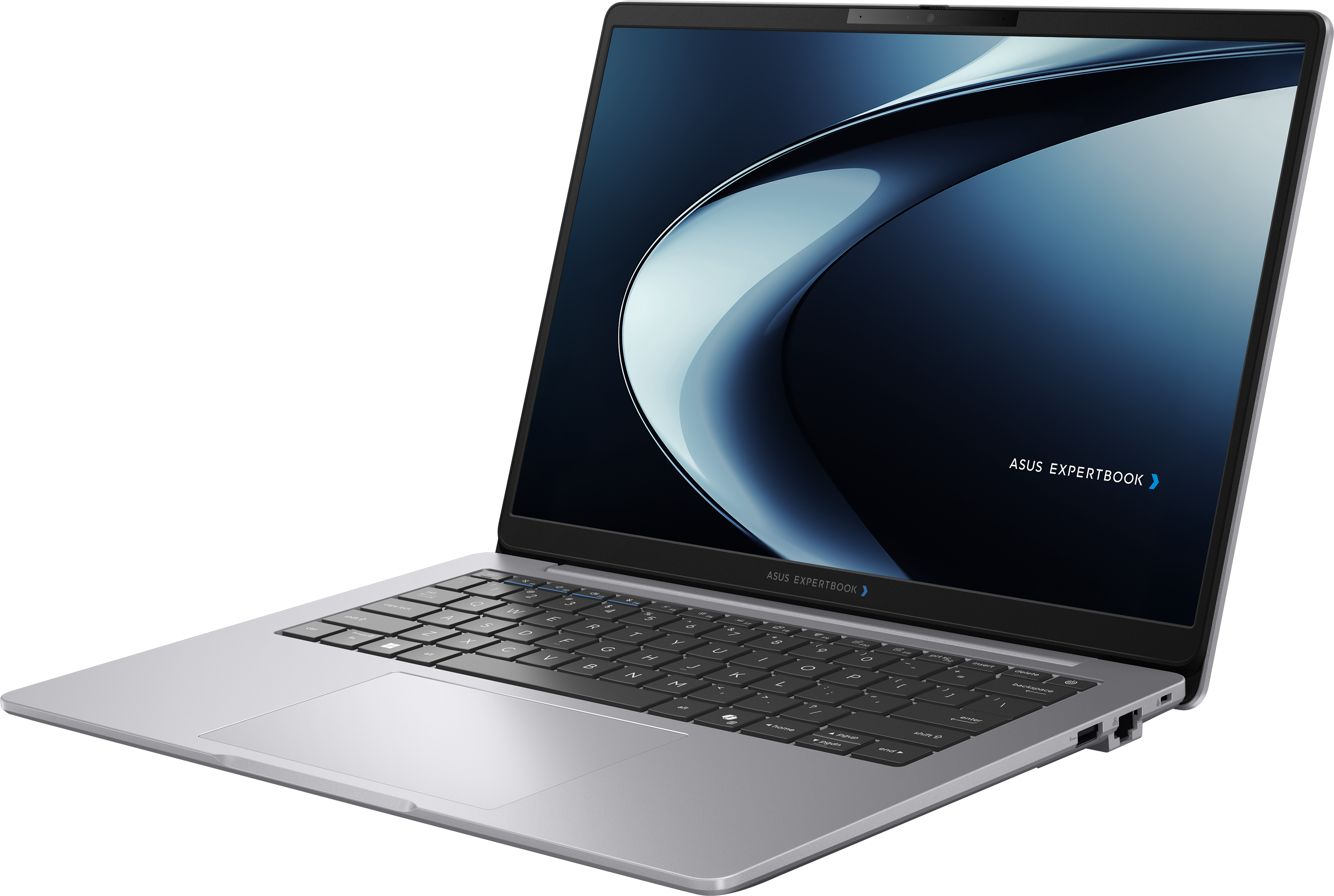 Egy ezüstszínű ASUS ExpertBook laptop fekete háttérrel, kék absztrakt hullámos háttérképpel a képernyőjén.