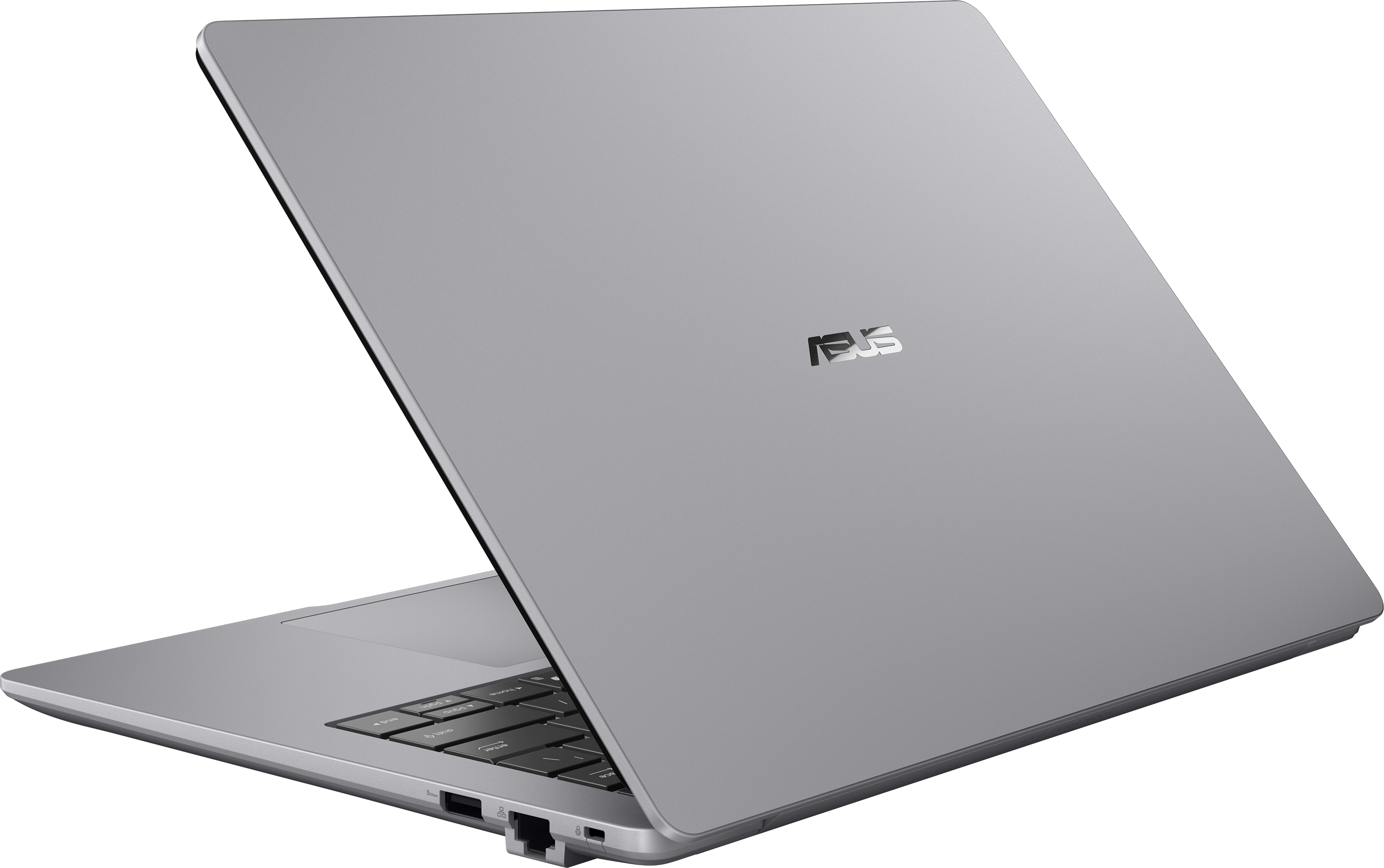 Egy ezüst Asus laptop fekete háttér előtt, kissé nyitva, oldalról látható.