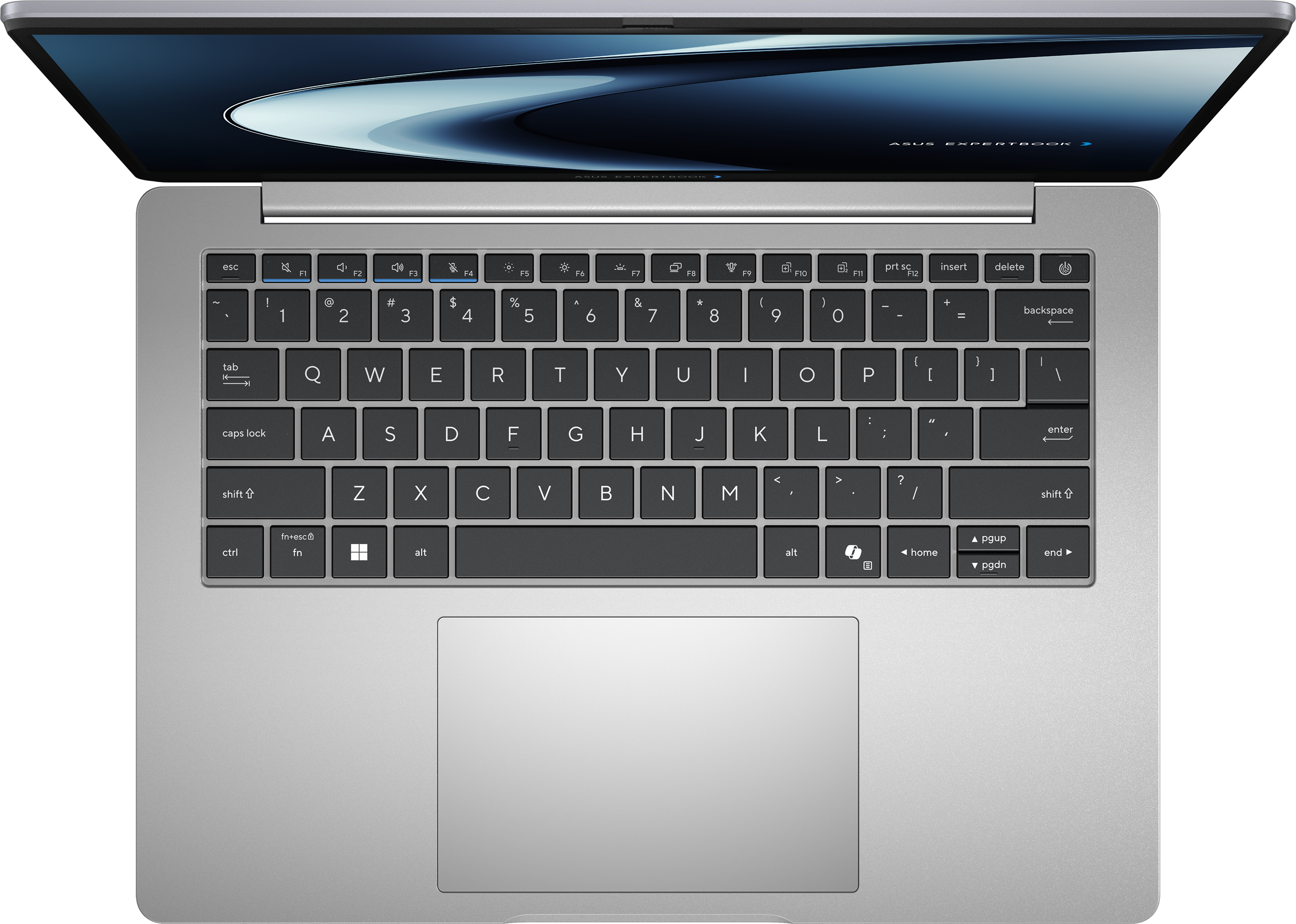 Felülnézet egy ezüst laptopról, fekete billentyűzettel és bekapcsolt képernyővel.