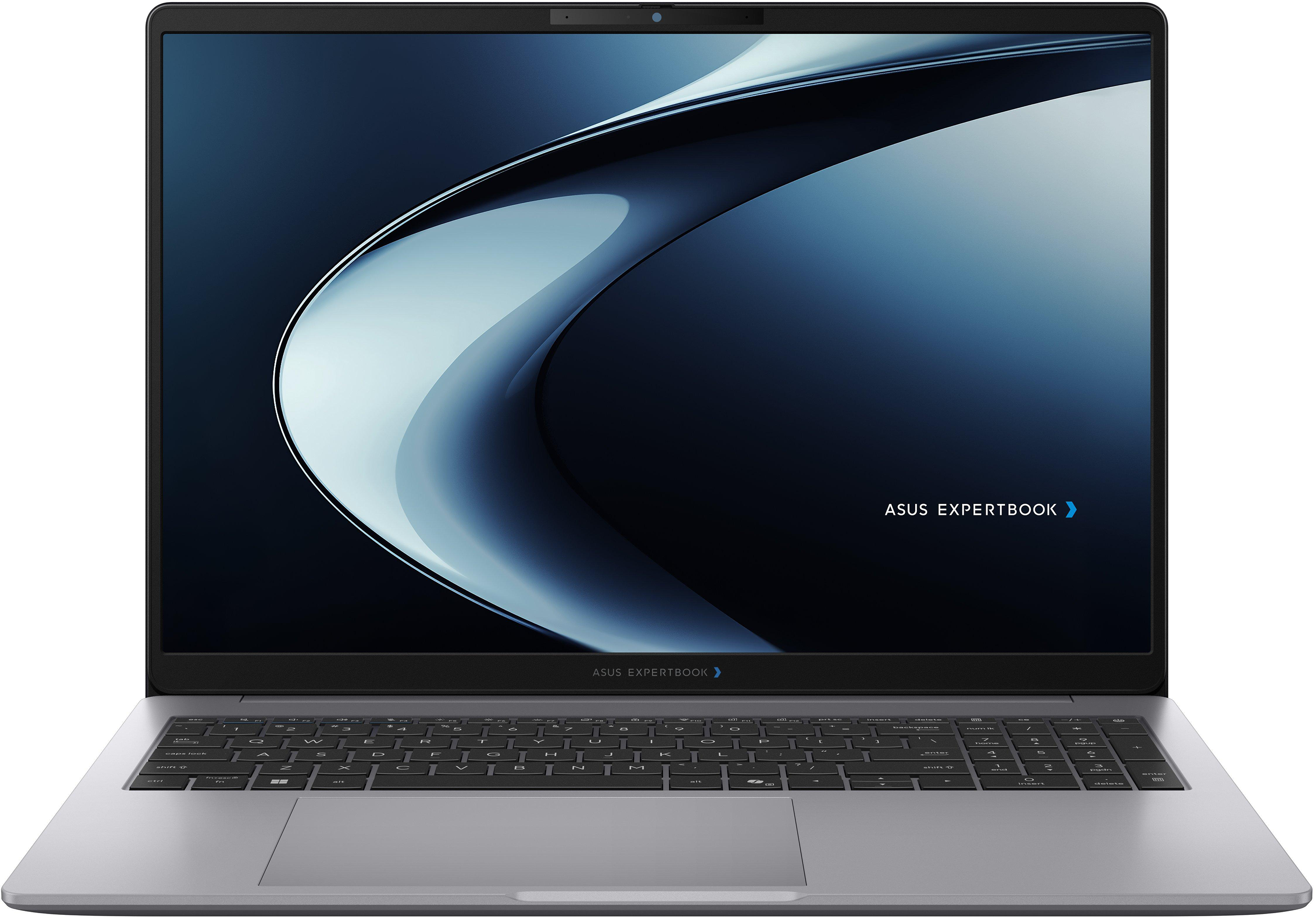 Egy ezüst színű ASUS ExpertBook laptop kék képernyővel és látható billentyűzettel fehér háttér előtt.