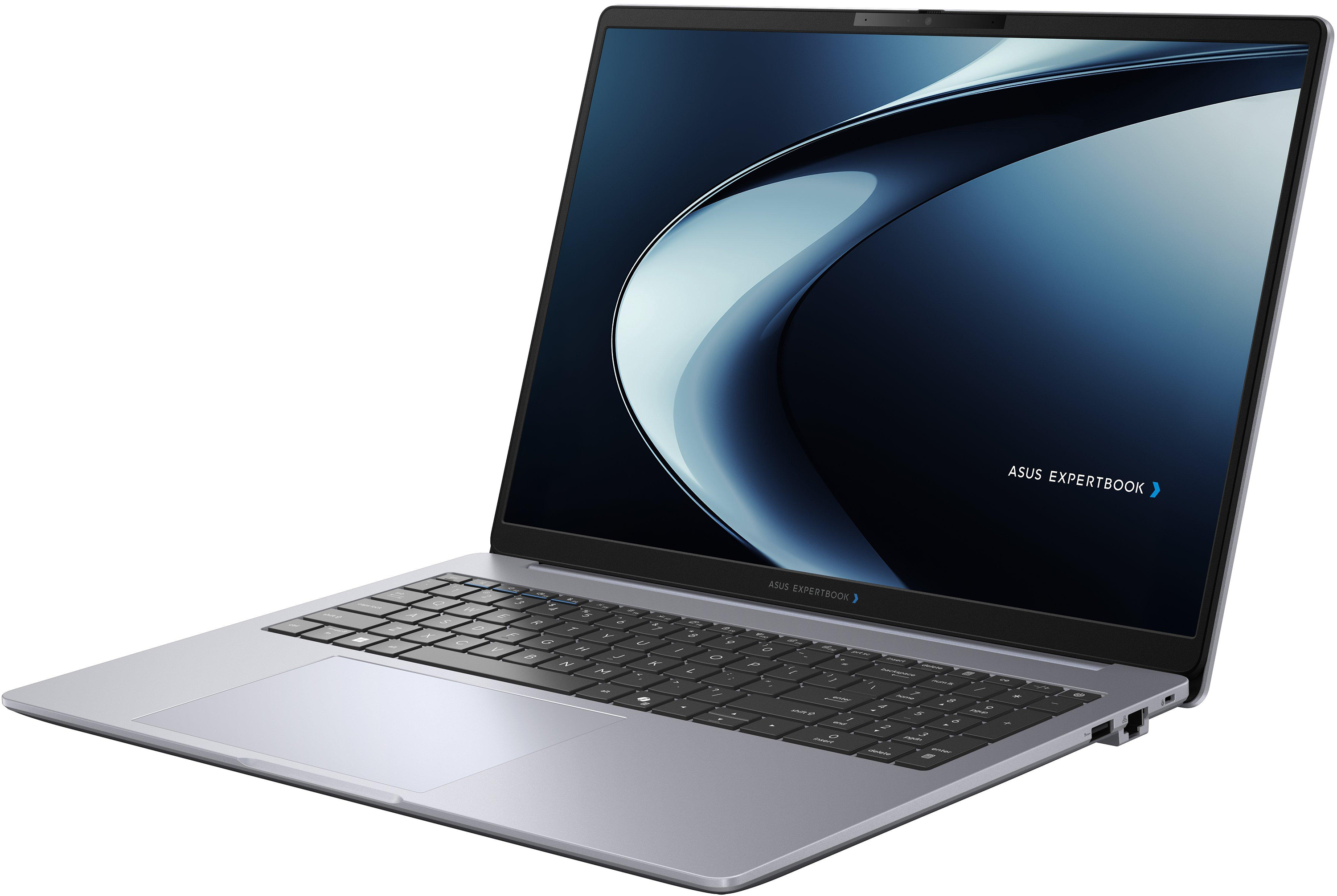 Nyitott, ezüst színű ASUS ExpertBook laptop fehér háttérrel, billentyűzettel és kék absztrakt háttérképpel.
