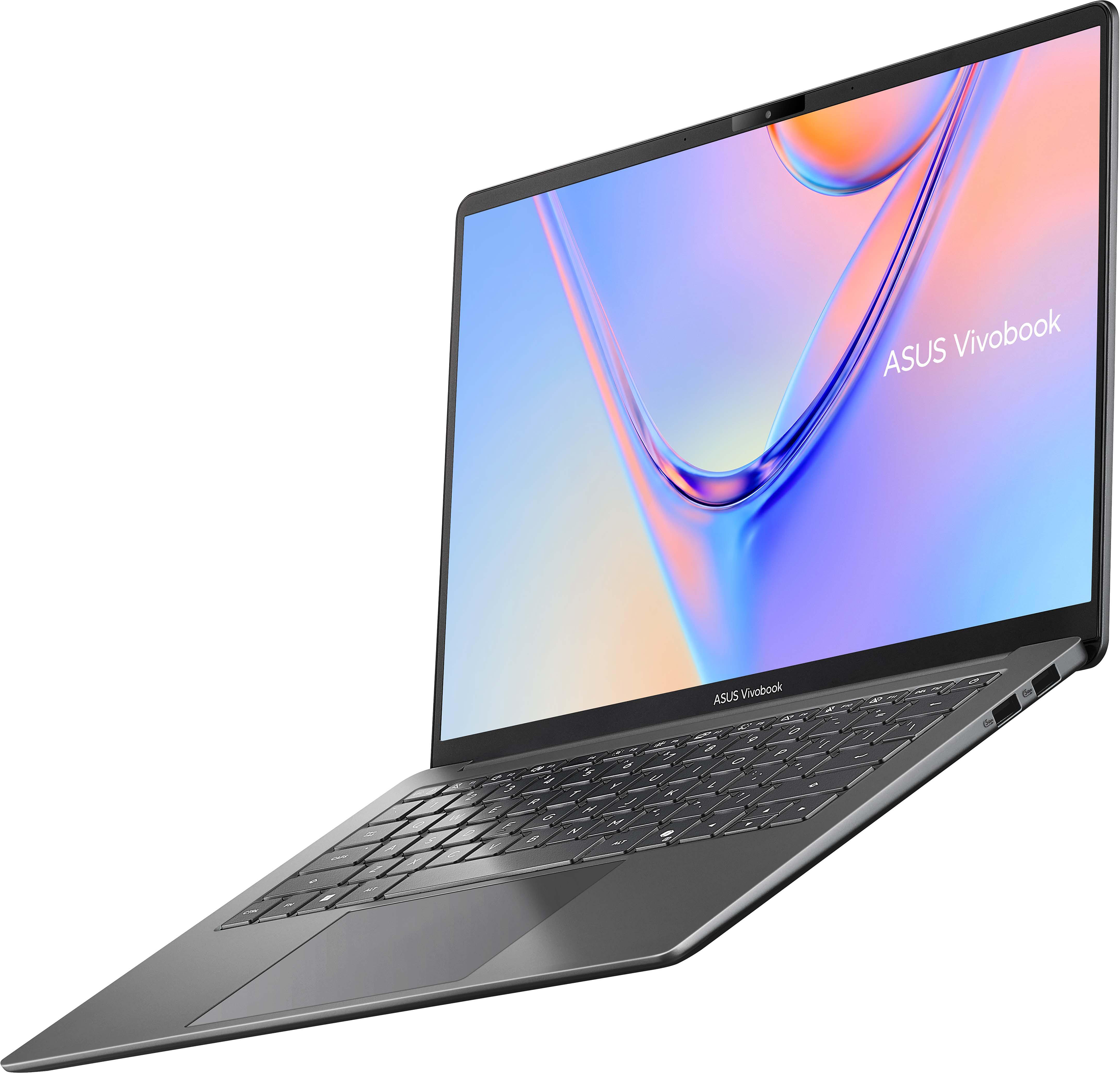Egy szürke Asus Vivobook laptop színes képernyővel, fehér háttér előtt.