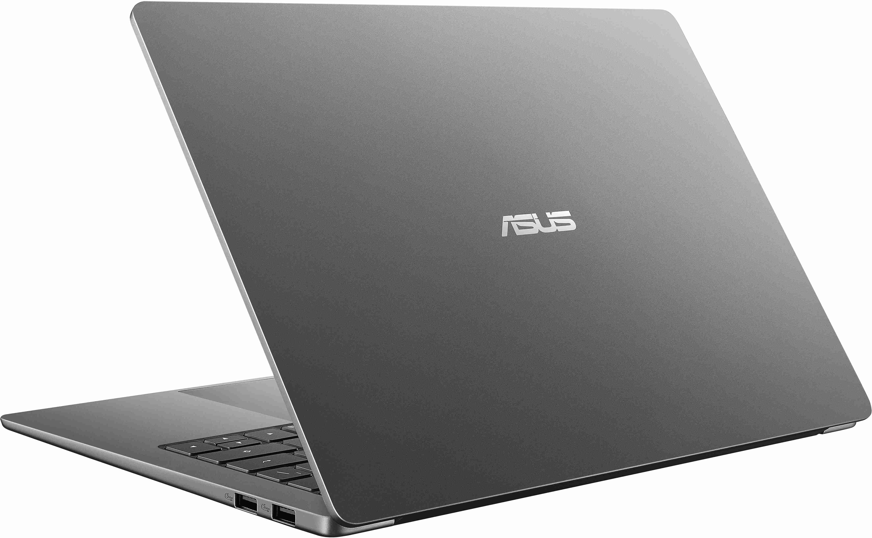 Egy elegáns, szürke Asus laptop hátulról, jobbról nézve, fém házzal, billentyűzettel és USB-portokkal.