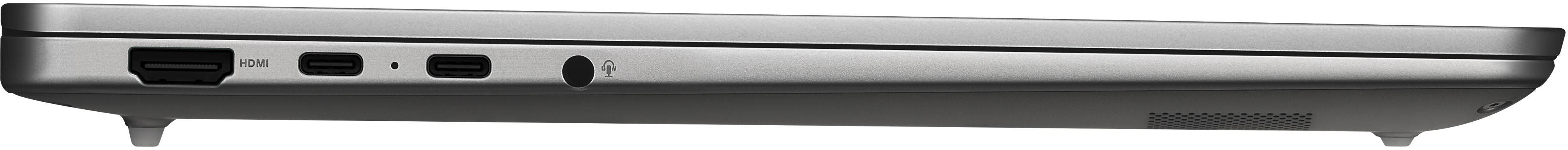 Egy sz ürke laptop oldalsó profilja, HDMI-vel, két USB-C porttal és fejhallgató-csatlakozóval.