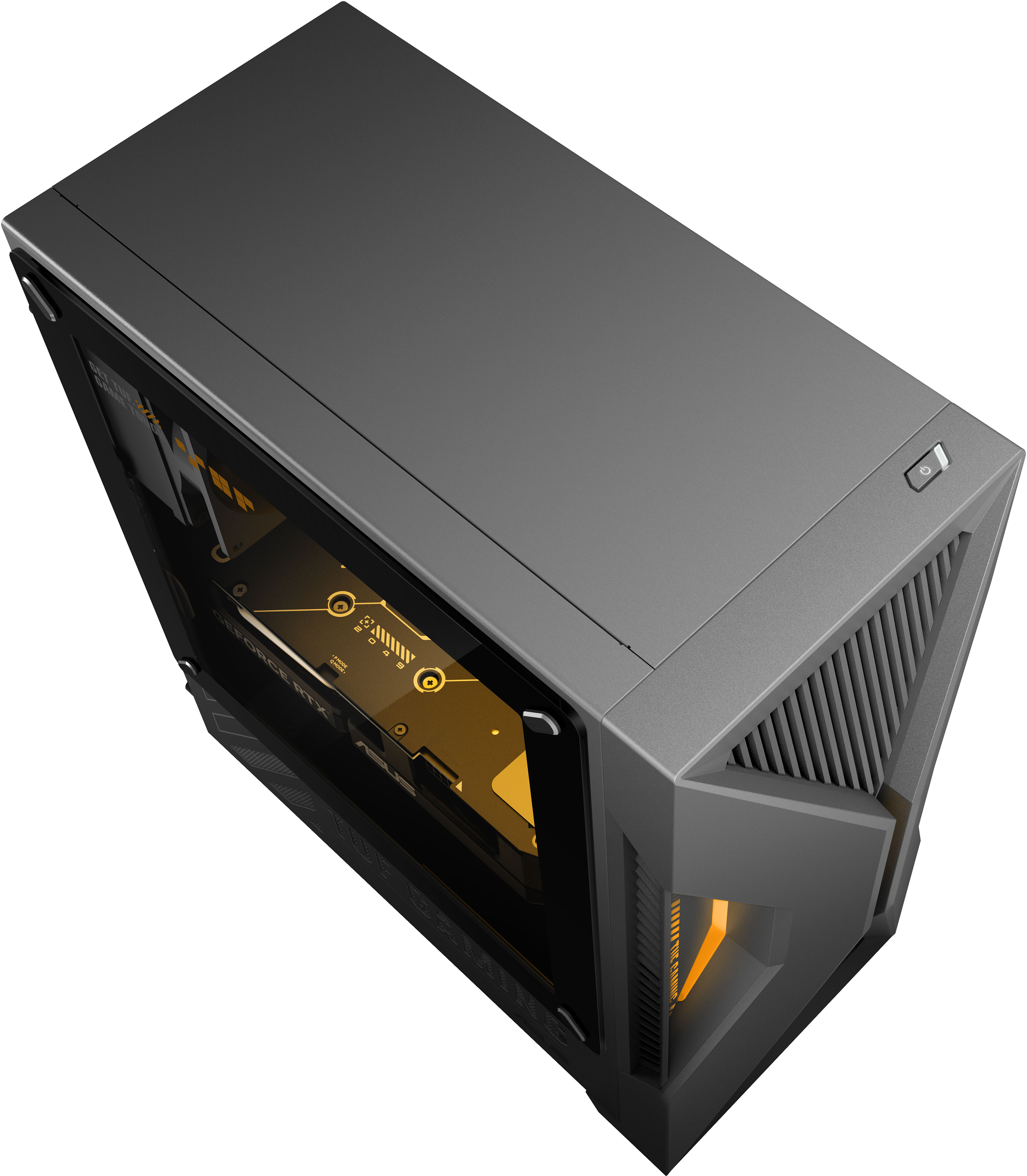 Szürke gamer PC-torony üvegablakkal és sárga belső világítással fekete háttérrel.