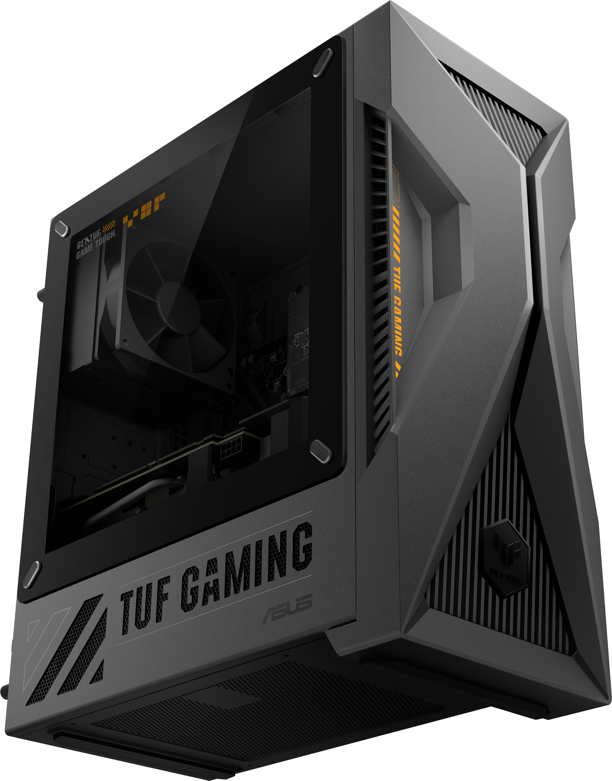 Fekete Asus TUF Gaming számítógépház üveg oldallappal és narancssárga díszítéssel.