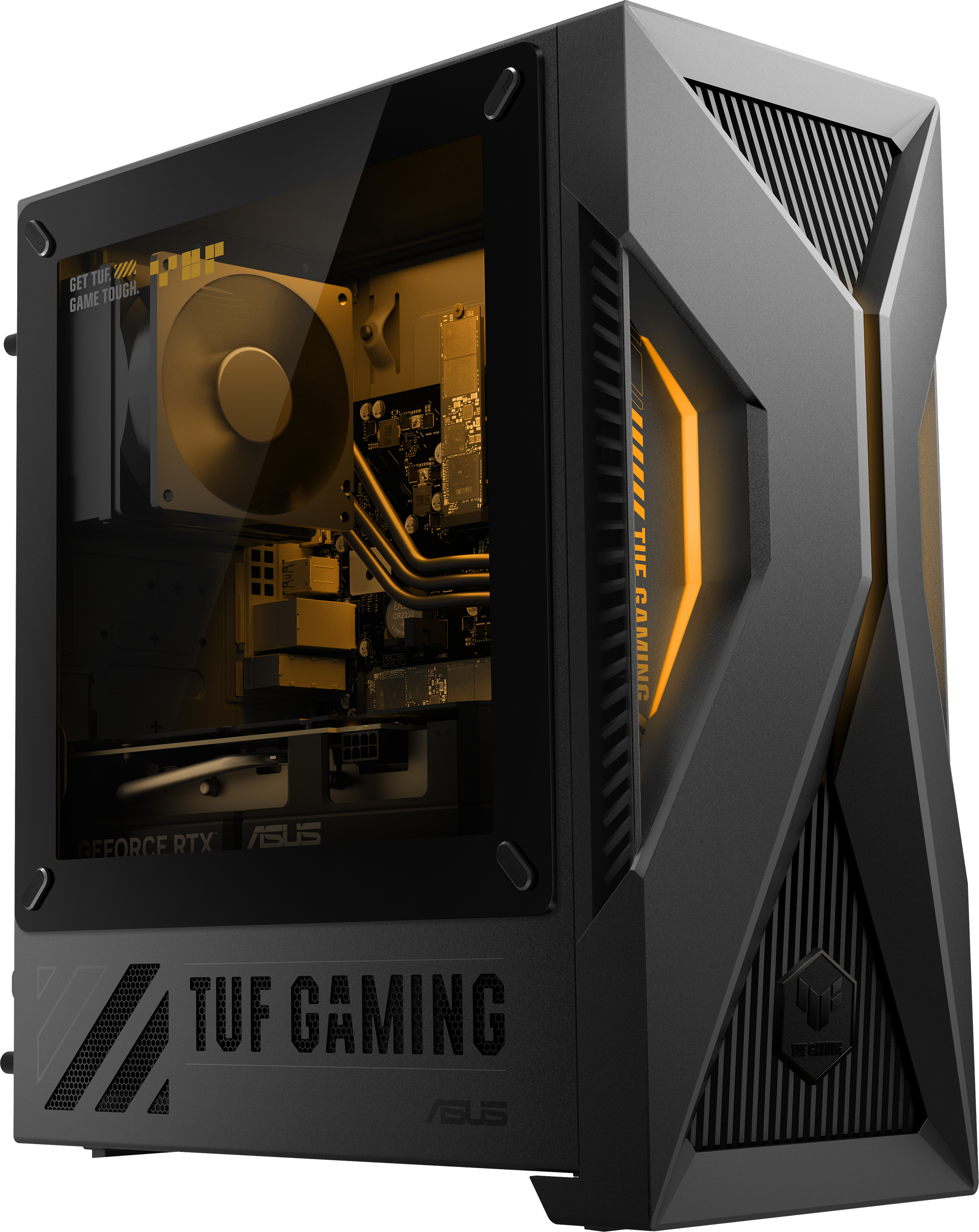 Fekete Asus TUF Gaming PC ház üveg oldallappal, sárga belső világítással és látható alkatrészekkel.