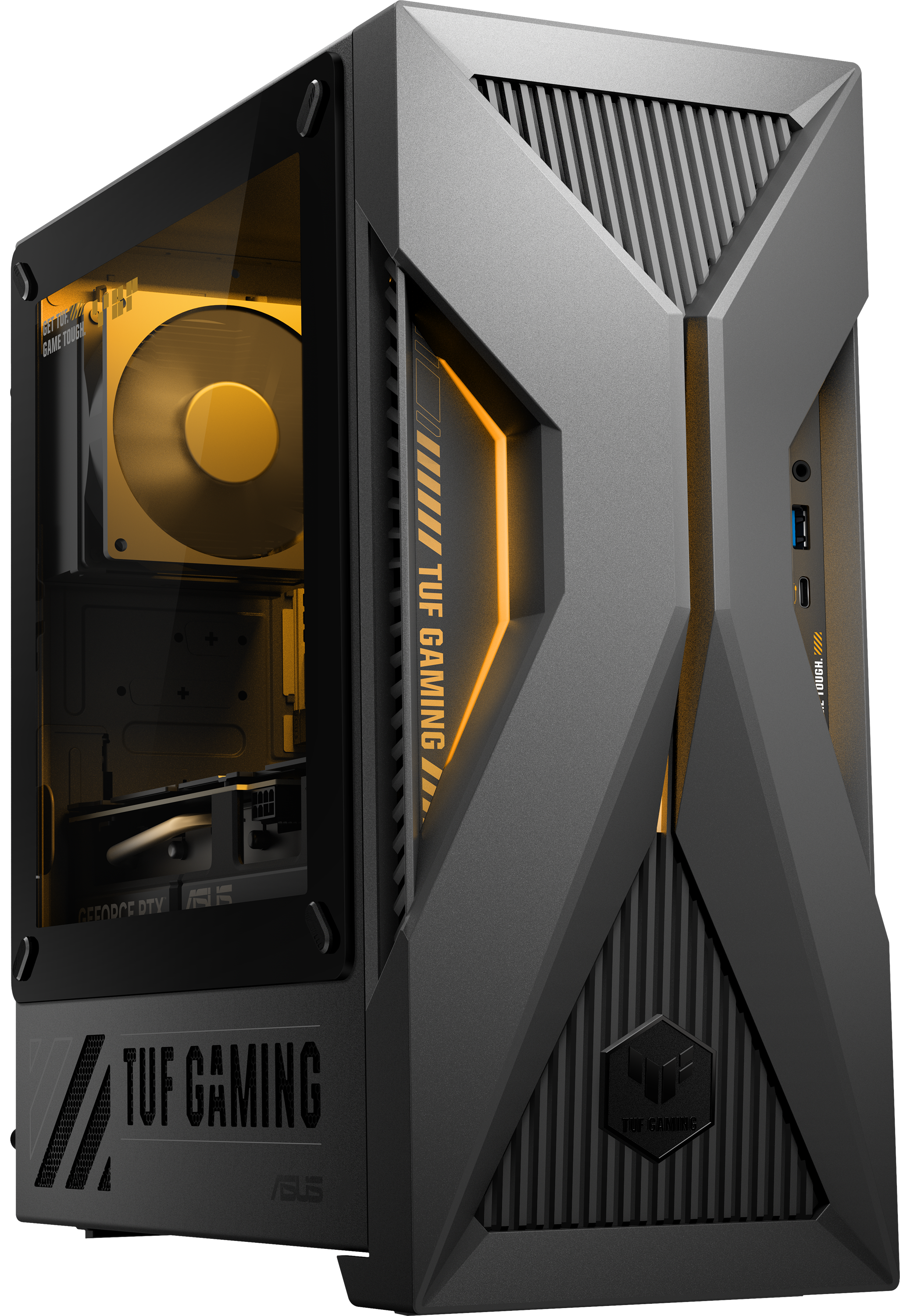 Szürke TUF Gaming PC-ház világító sárga belső alkatrészekkel és üveg oldallappal.
