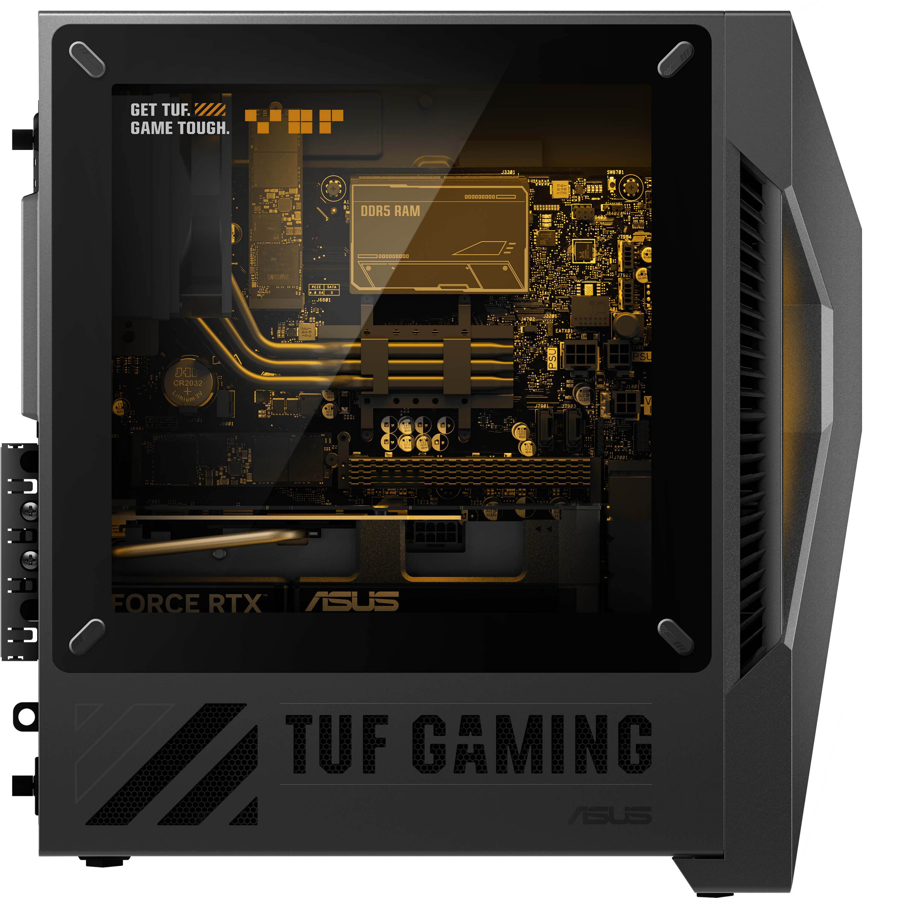 Fekete Asus TUF Gaming számítógépház belső része üvegablakkal, izzó alkatrészekkel, alaplappal és videokártyával.