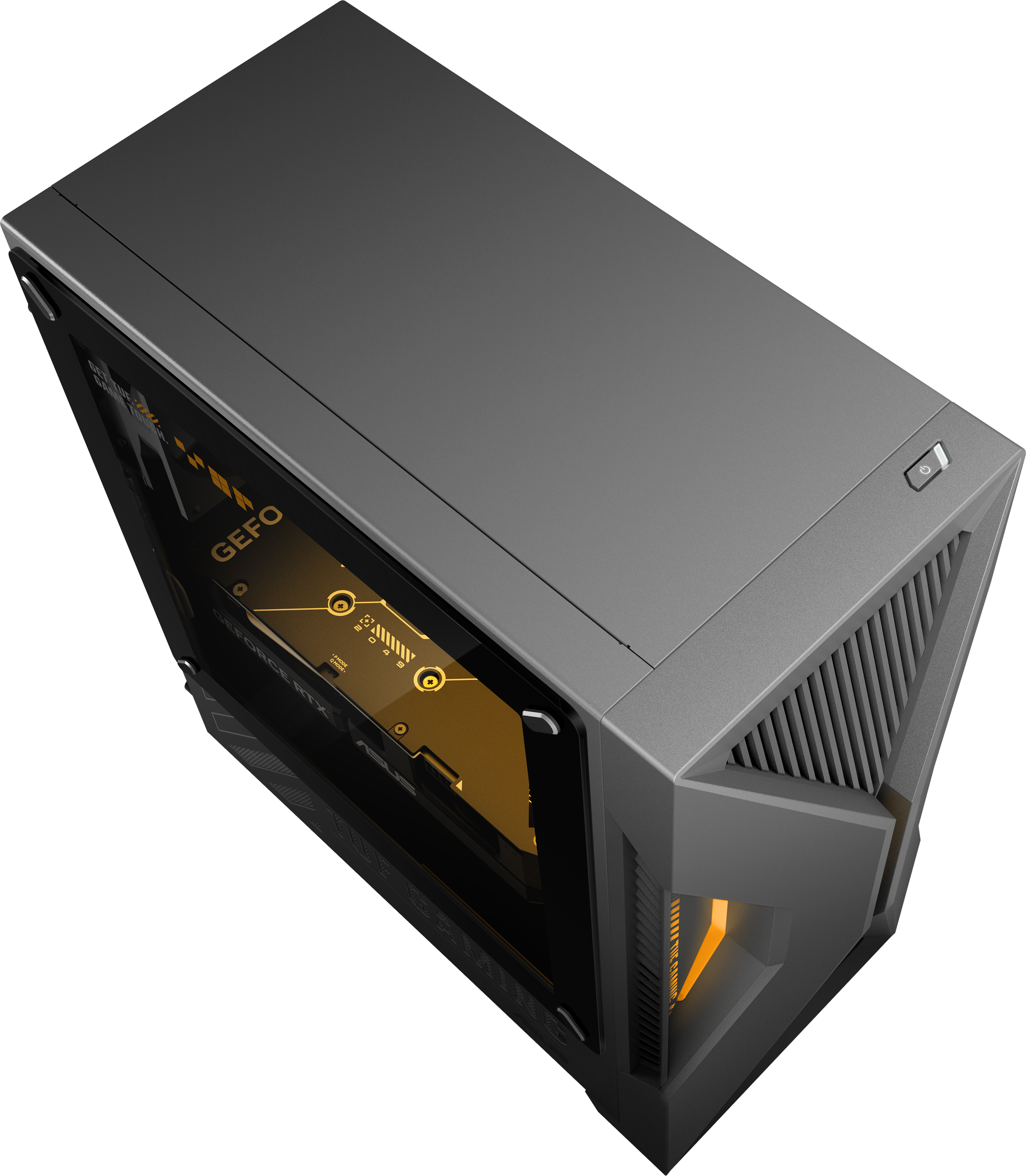 Szürke gamer PC ház üvegablakkal és narancssárga részletekkel fekete háttérrel.
