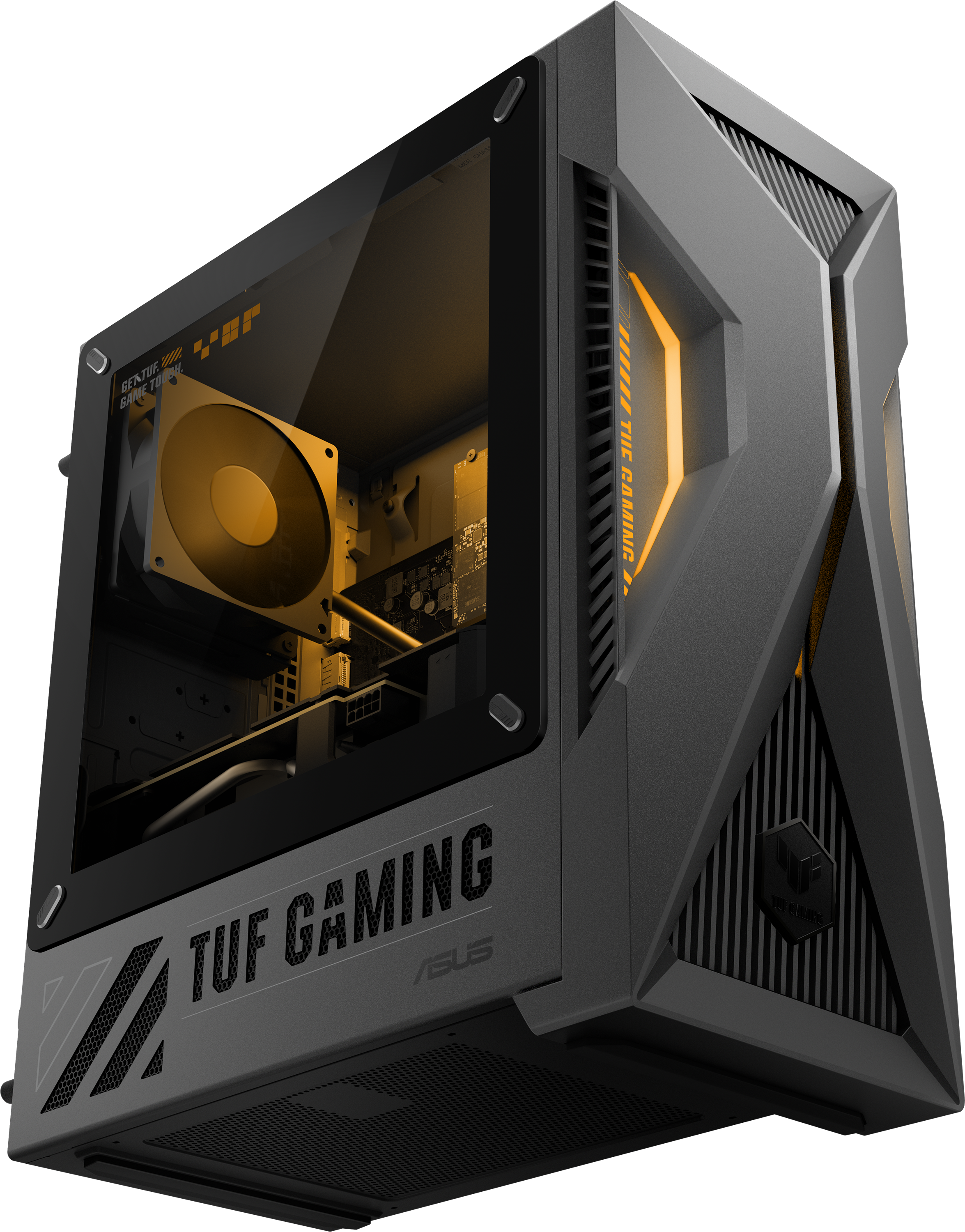 Egy szürke Tuf Gaming PC-ház megvilágított sárga belső ventilátorral és izzó előlapi elemmel.