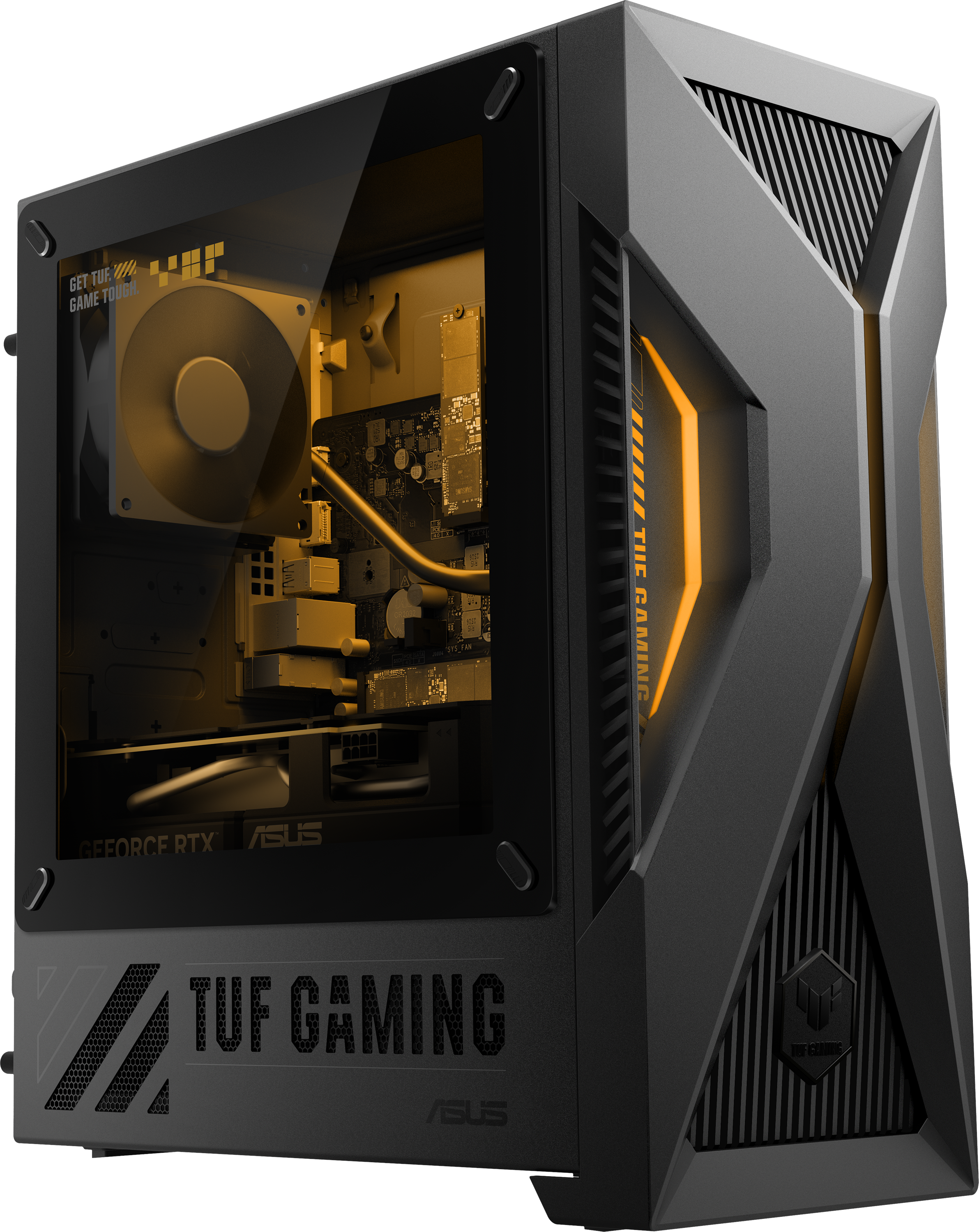 Fekete Asus Tuf Gaming PC torony üveg oldallappal és narancssárga világítással.