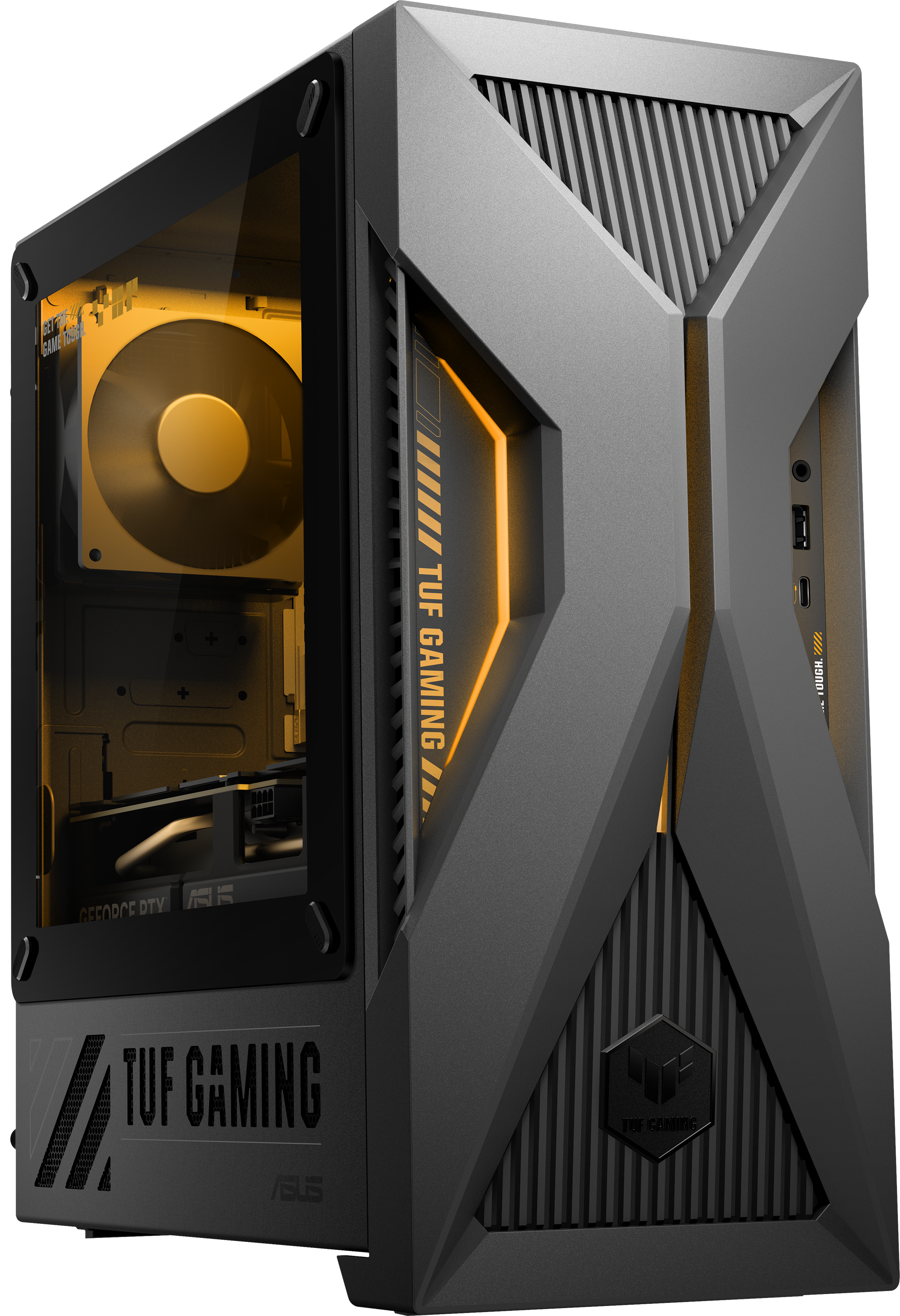 Szürke TUF Gaming PC ház üvegablakkal és narancssárga világítással.