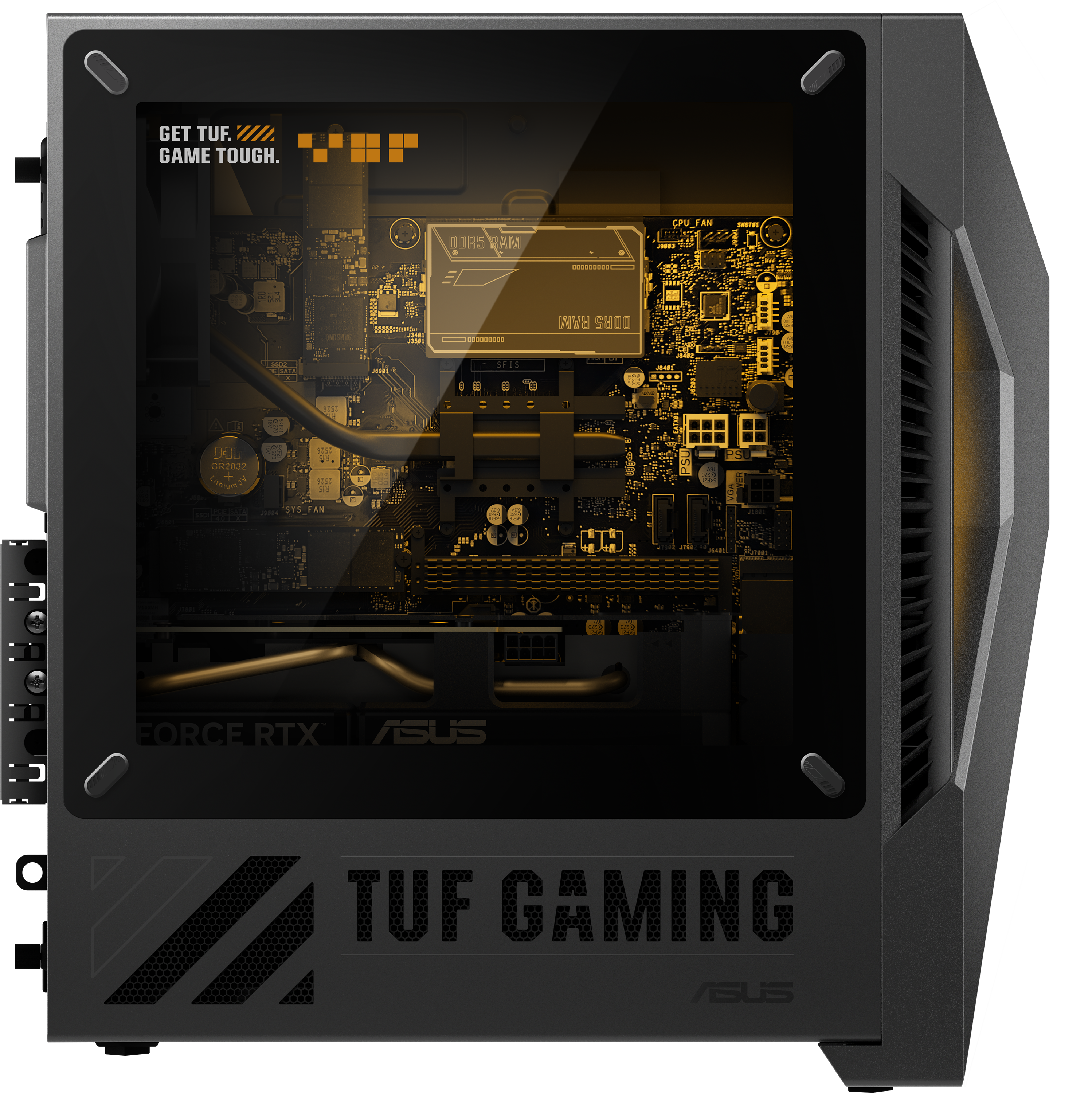 Egy ASUS TUF Gaming PC ház üvegablakkal és aranyló belső megvilágítással.