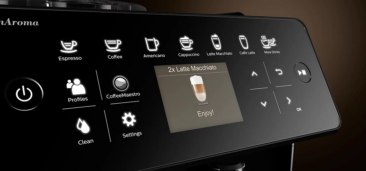 Kávéfőző megvilágított érintőkijelzője espresso, cappuccino és latte macchiato italválasztékkal.