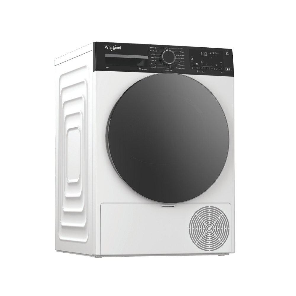 Fehér Whirlpool szárítógép fekete kezelőpanellel és sötét kerek ajtóval sima háttér előtt.