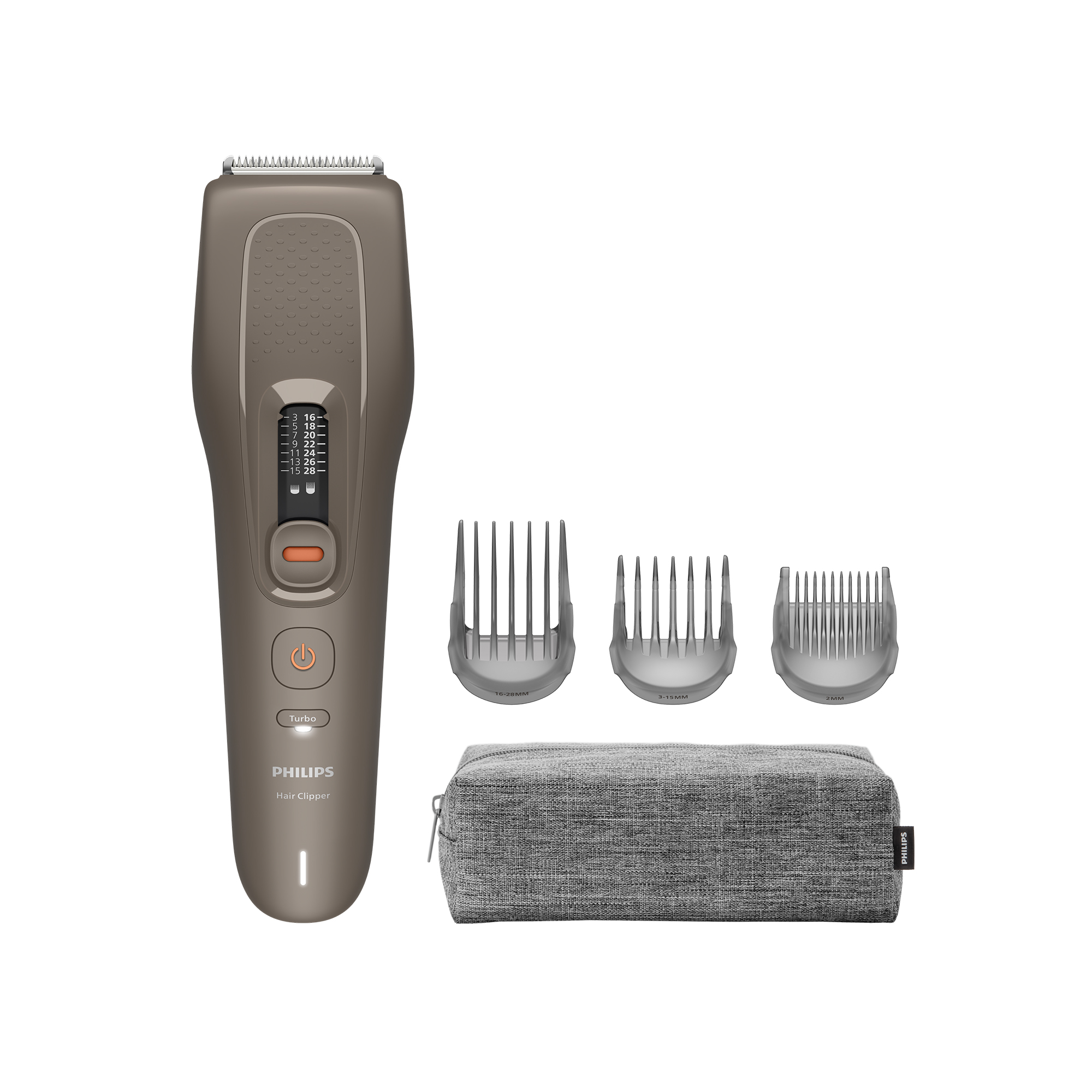 Cortapelos Philips marrón con tres accesorios y una bolsa de almacenamiento gris sobre fondo blanco.
