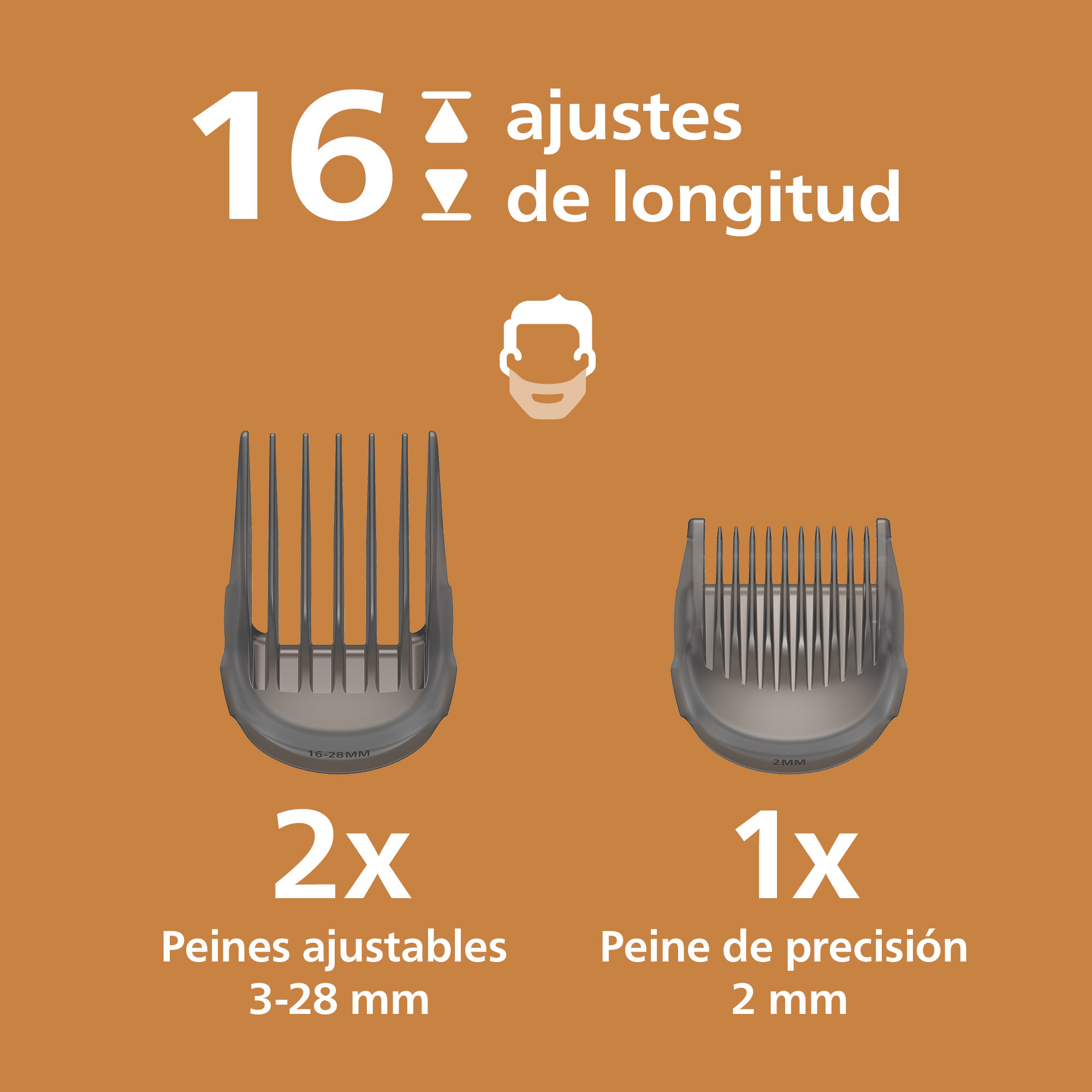 16 ajustes de longitud, dos peines ajustables (3-28 mm) y un peine de precisión (2 mm) sobre fondo marrón.