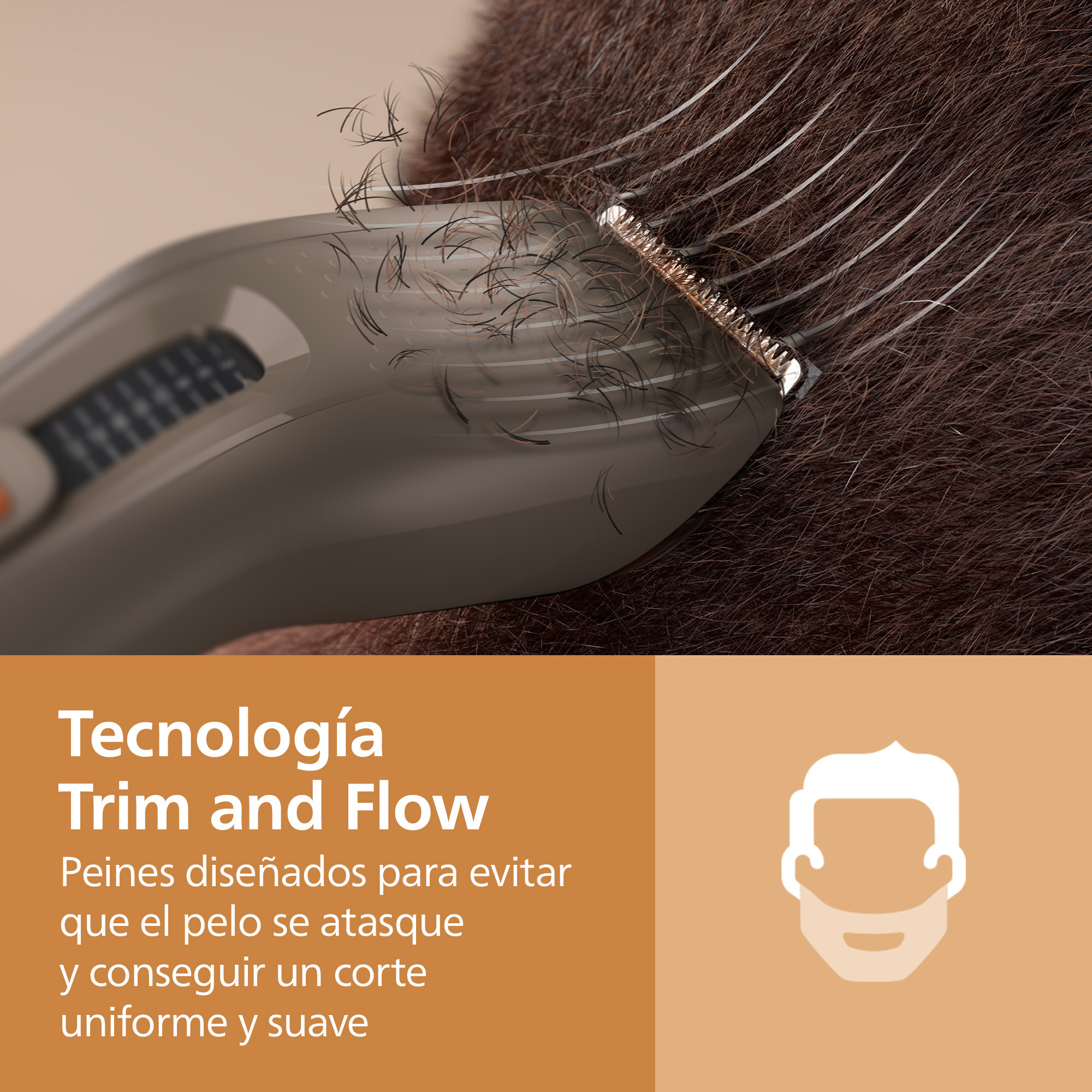 Primer plano de una cortapelos cortando pelo castaño, con texto en español sobre la tecnología Trim and Flow abajo.