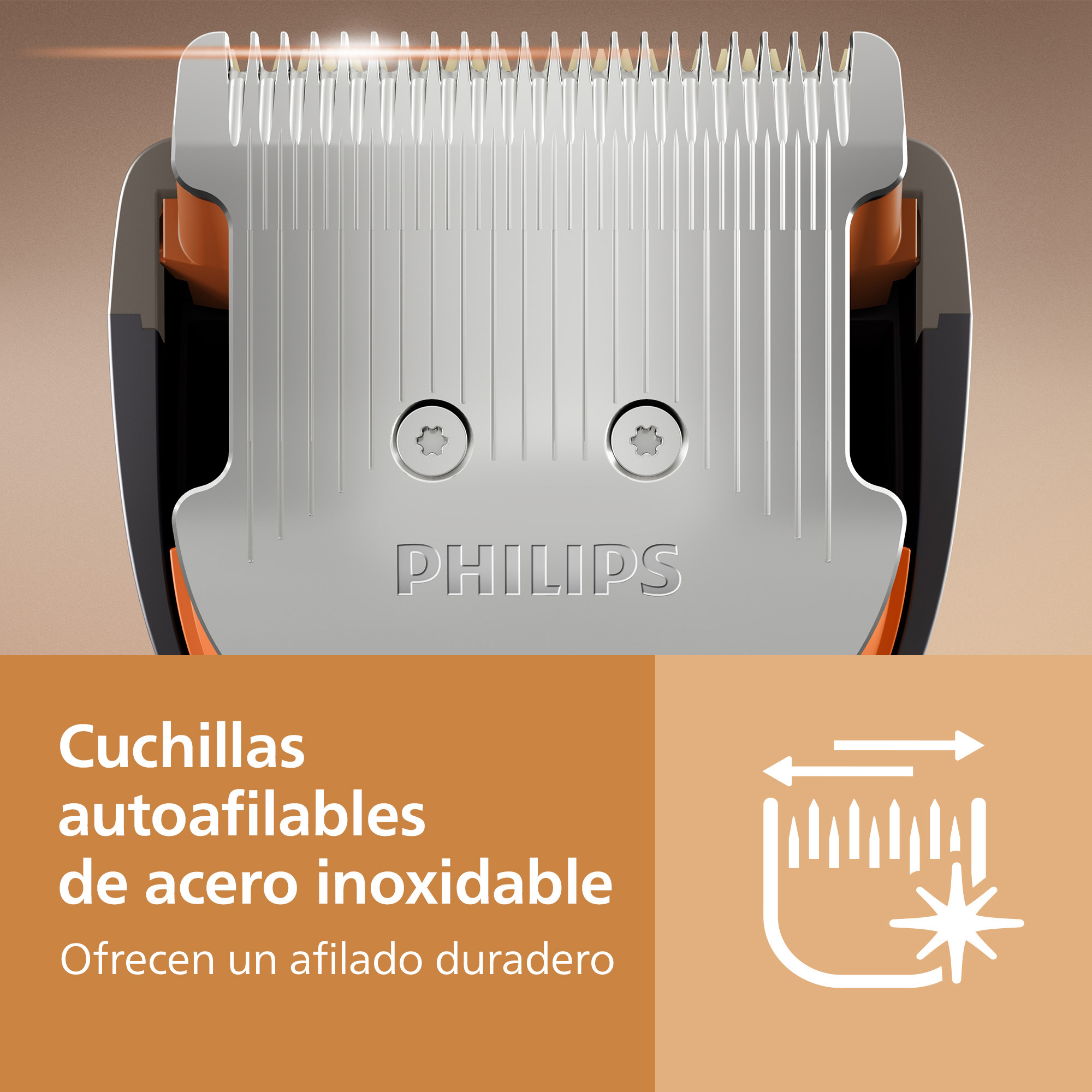 Cuchillas de acero inoxidable con el logo de Philips y texto sobre cuchillas autoafilables.