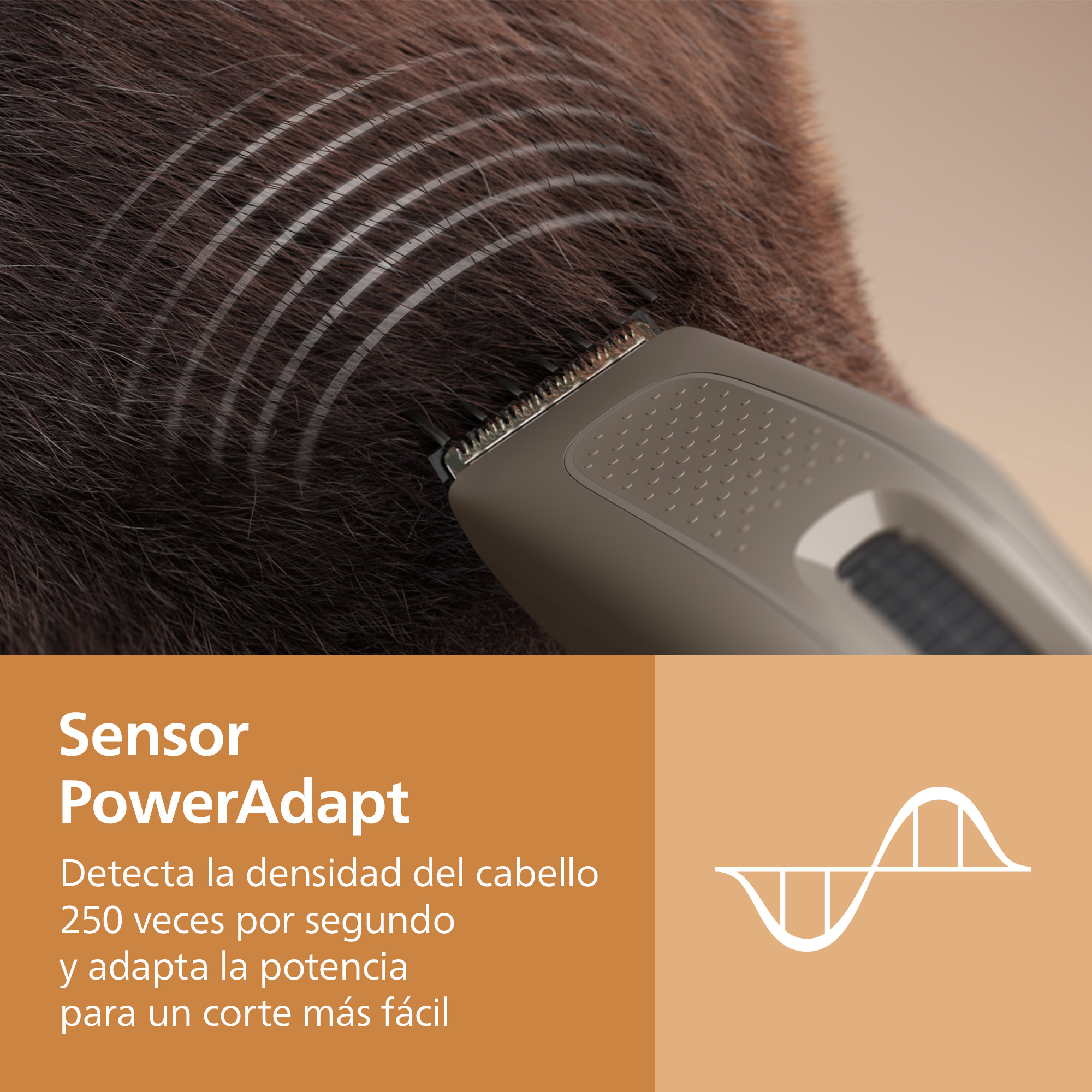 Una cortadora de cabello corta cabello castaño grueso, con líneas de sensor onduladas.
