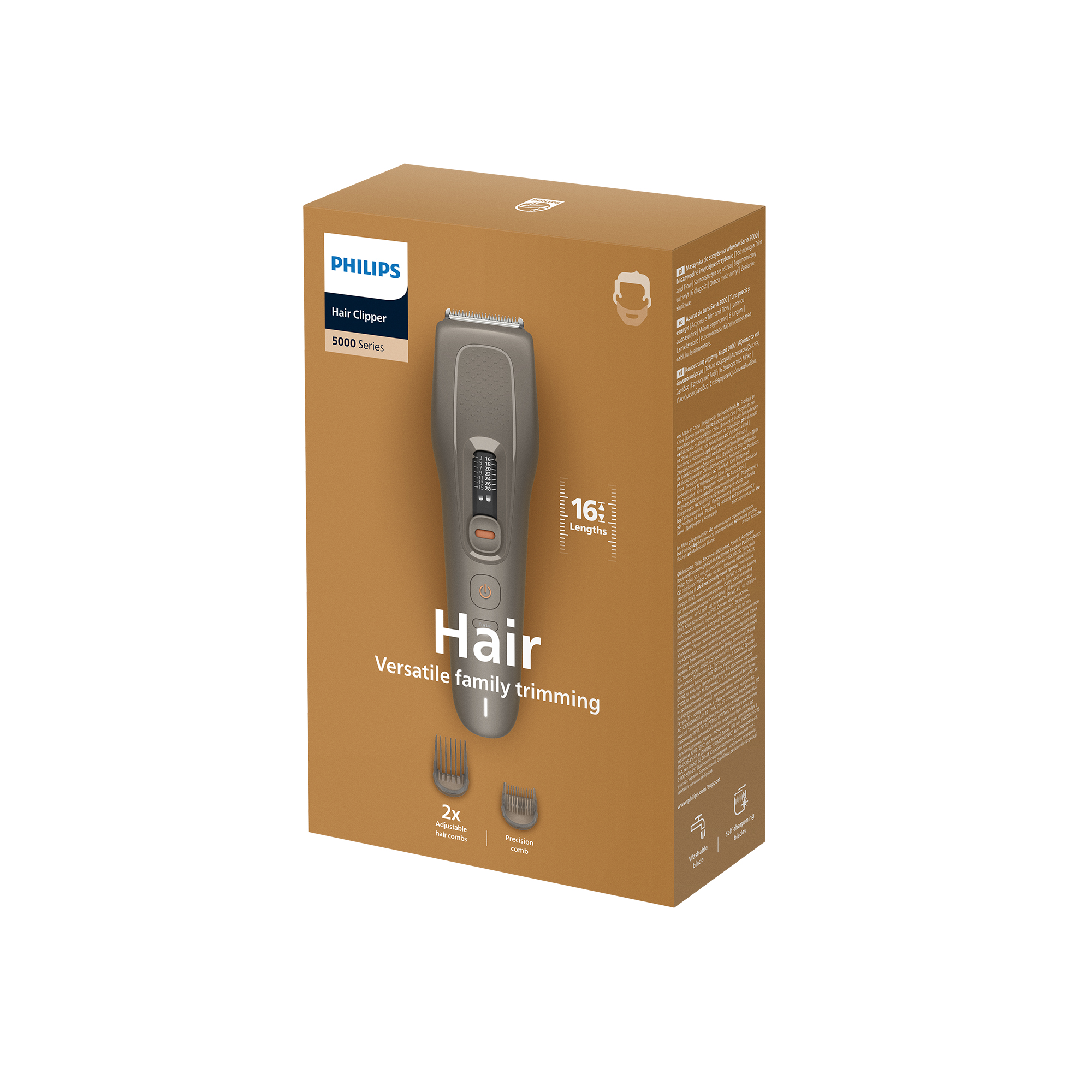 Cortapelos Philips Serie 5000 en una caja marrón con peines guía.