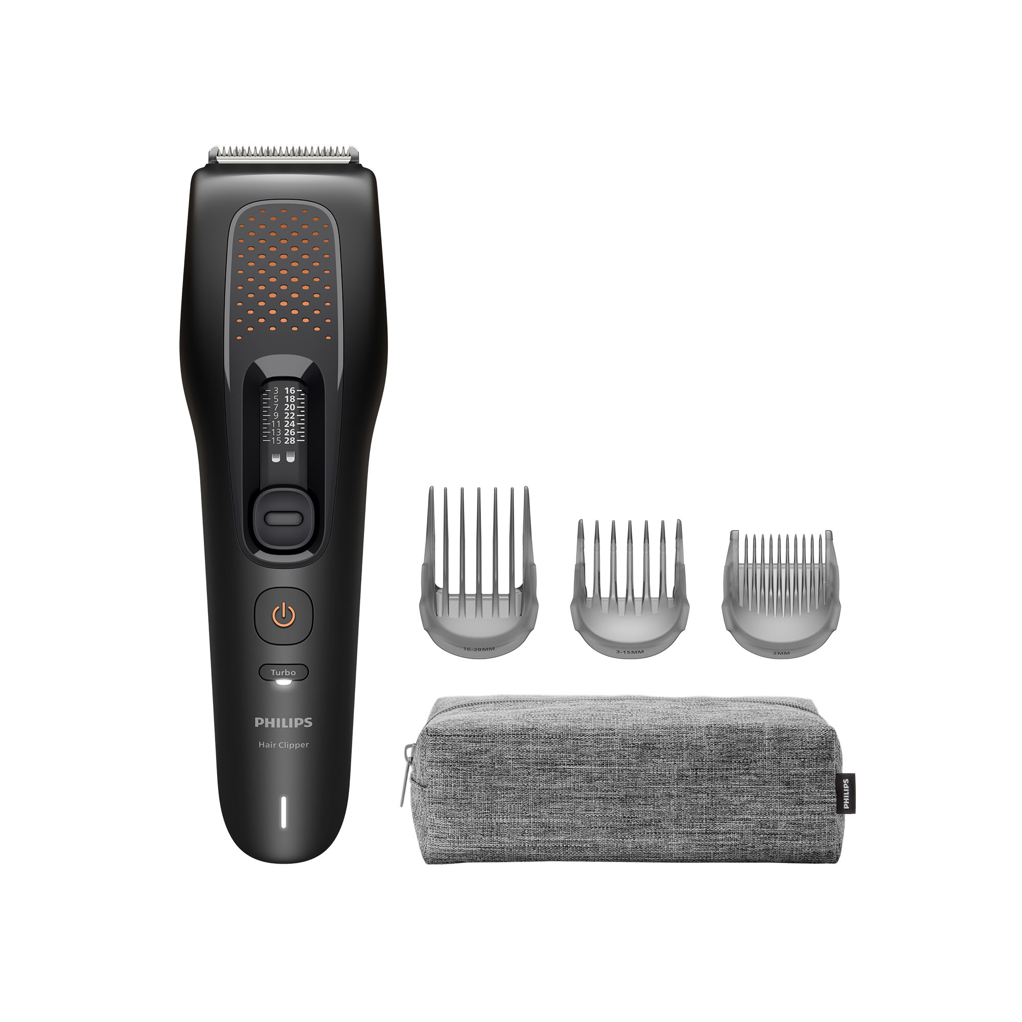 Un cortapelos Philips negro con tres peines guía grises y una bolsa de tela gris sobre un fondo blanco.