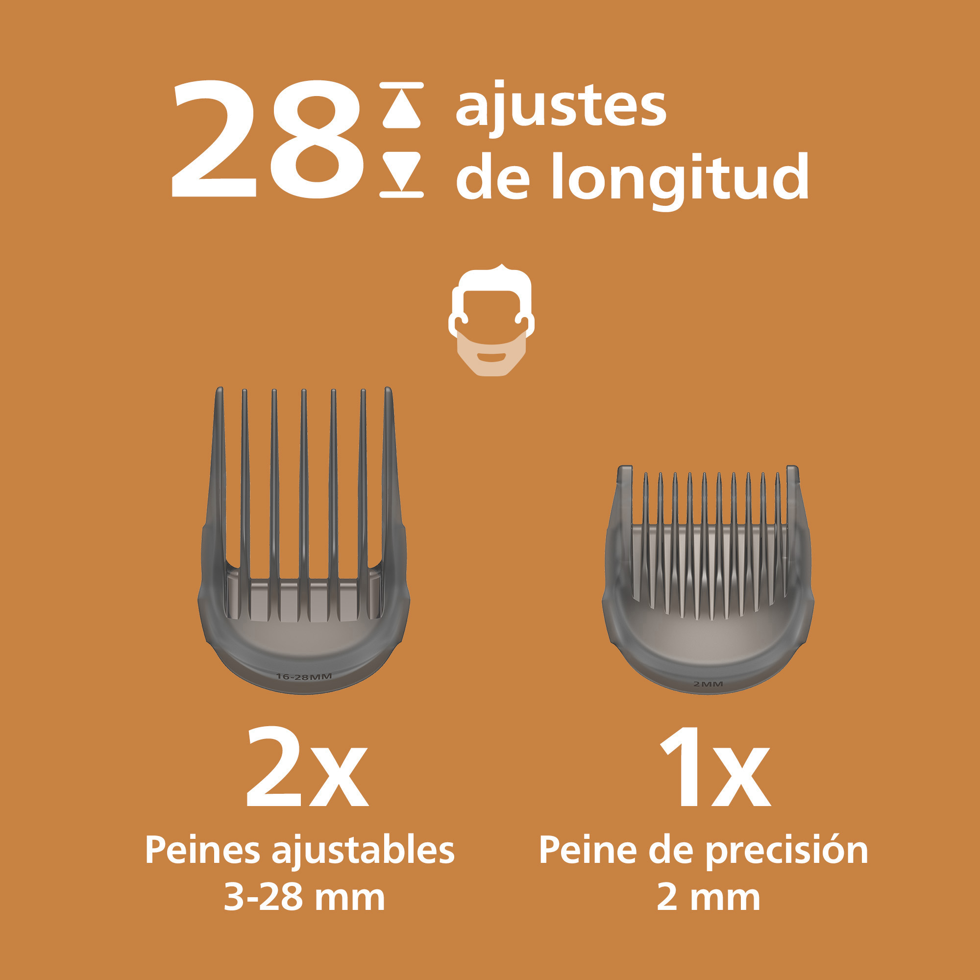 Dos peines ajustables y un peine de precisión para recortadora en fondo marrón.
