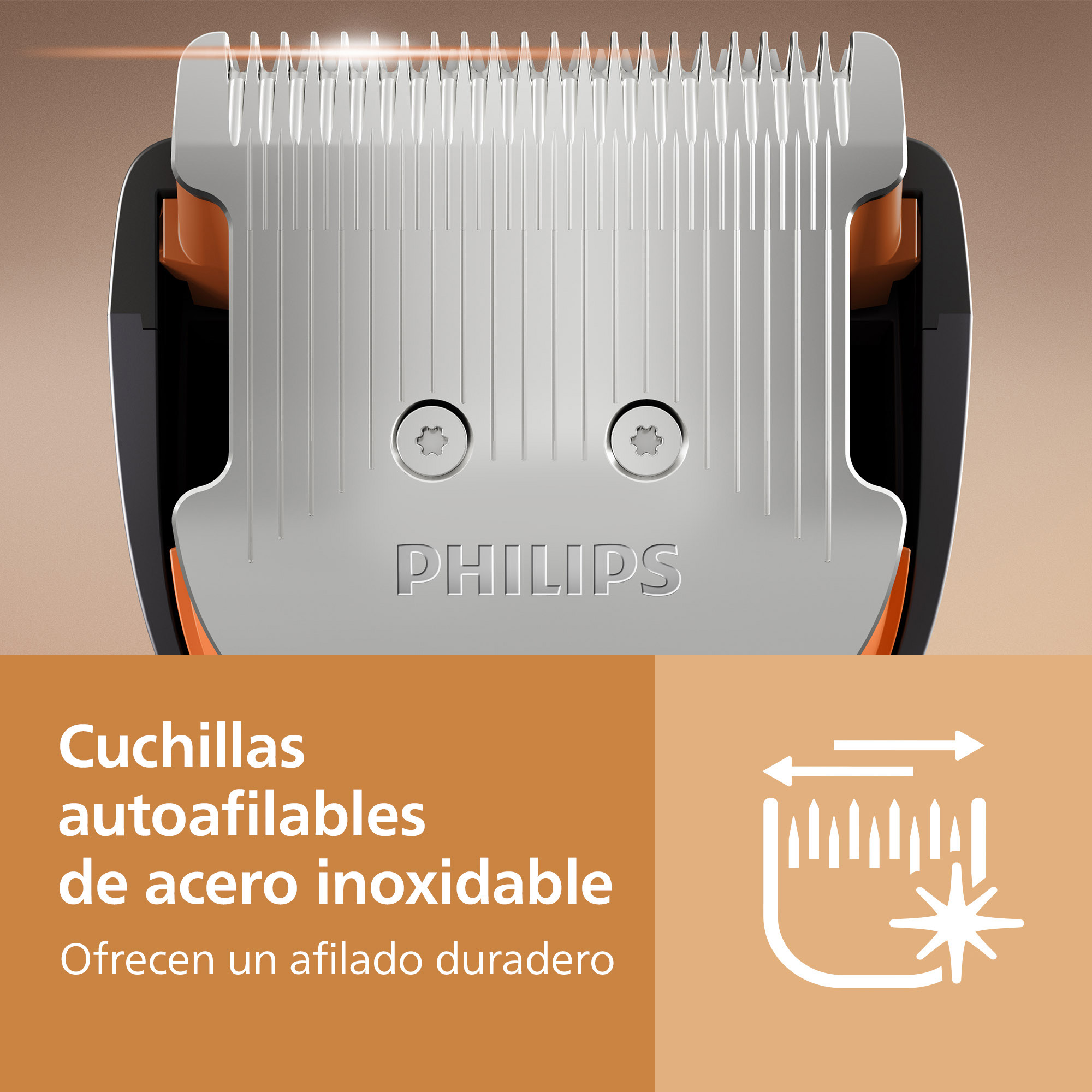 Primer plano de cuchillas de acero inoxidable Philips con diseño autoafilable sobre fondo marrón.