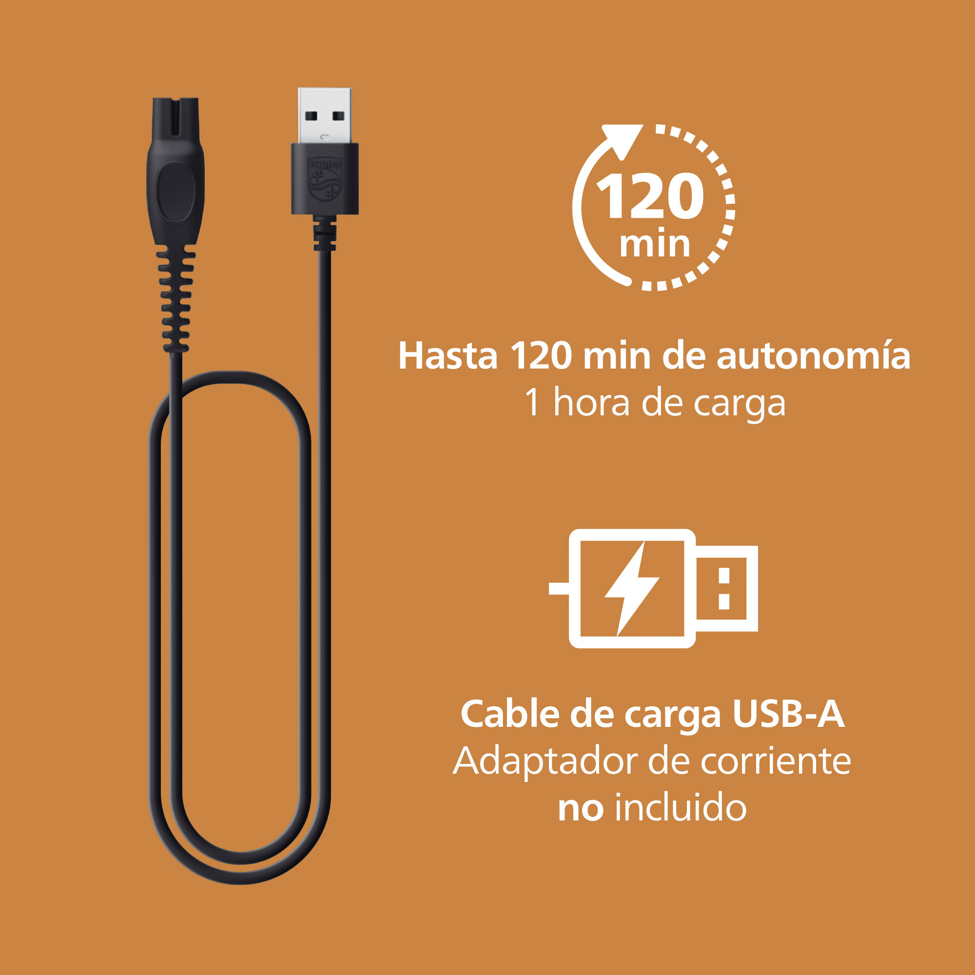 Cable de carga USB-A negro con iconos de 120 min de autonomía.