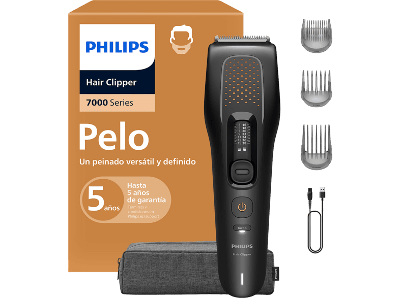 Cortapelos - Philips Series 7000 HC7722/15, 28 Longitudes, 120 min, Cuchillas de Acero Autoafilables, Seco y Mojado, Uso Con Sin Cable, Metálico