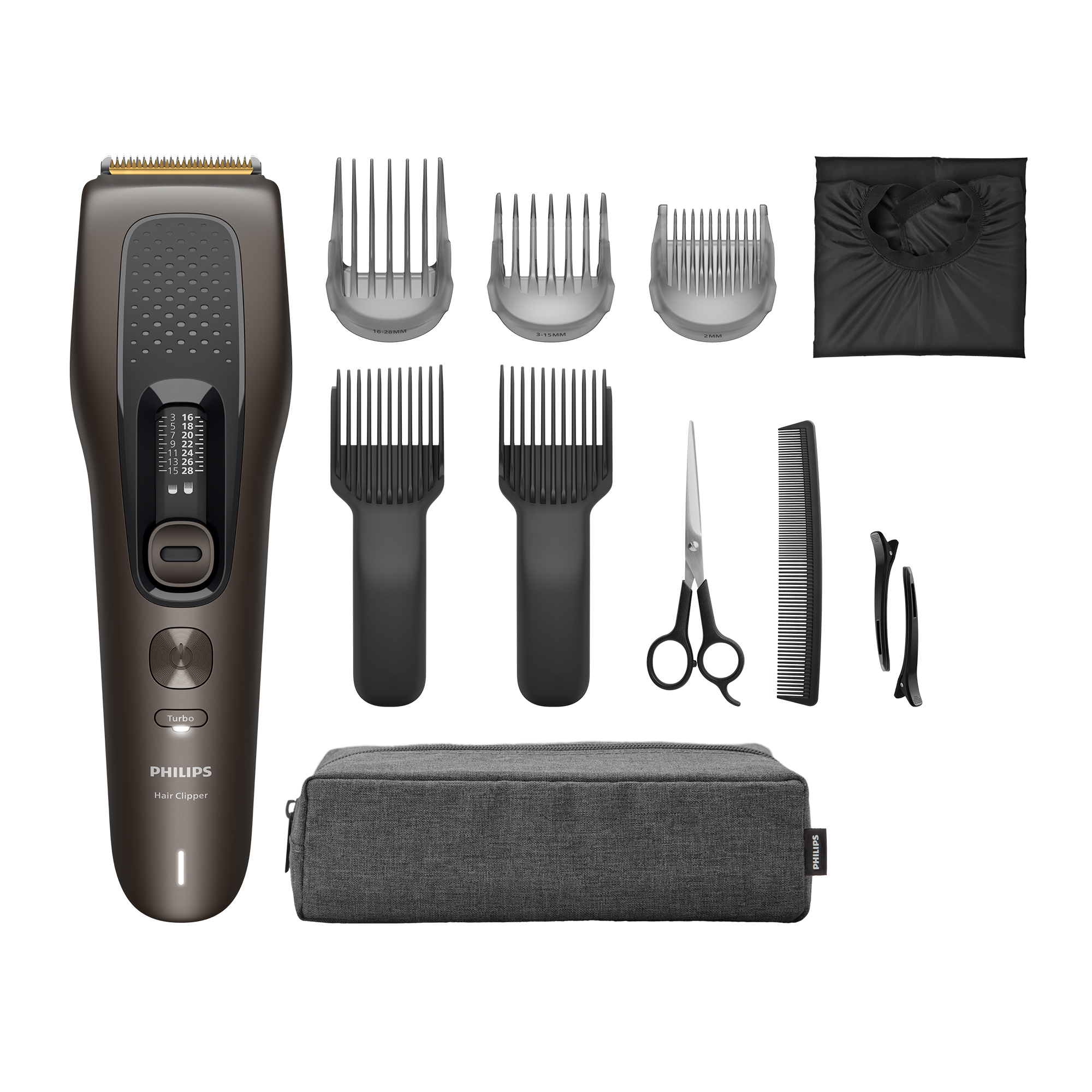 Cortapelos Philips marrón con varios peines guía, tijeras, peine, capa y estuche.