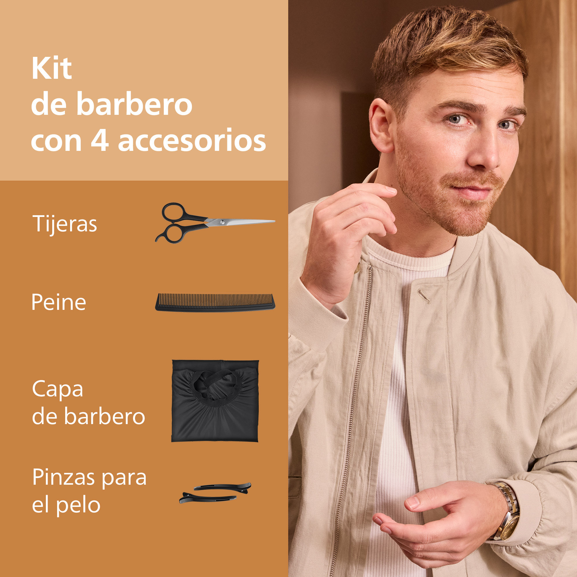 Un hombre muestra un kit de barbero con cuatro accesorios: tijeras, peine, capa y pinzas.