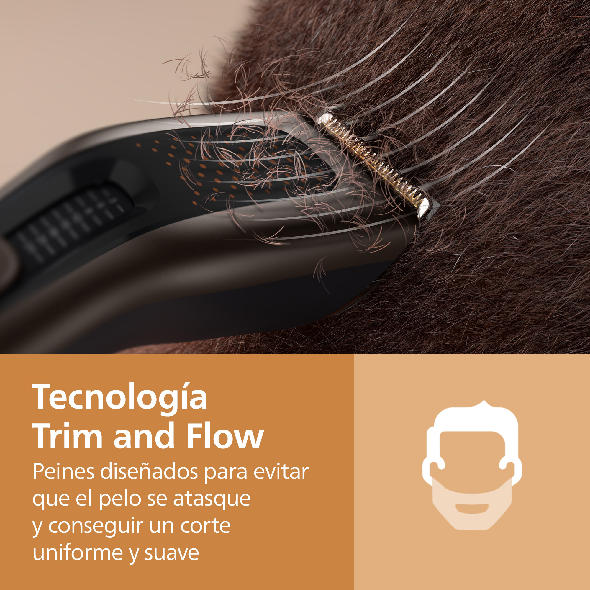 Una cortadora de cabello negra cortando pelo castaño grueso, con texto e icono de barba.