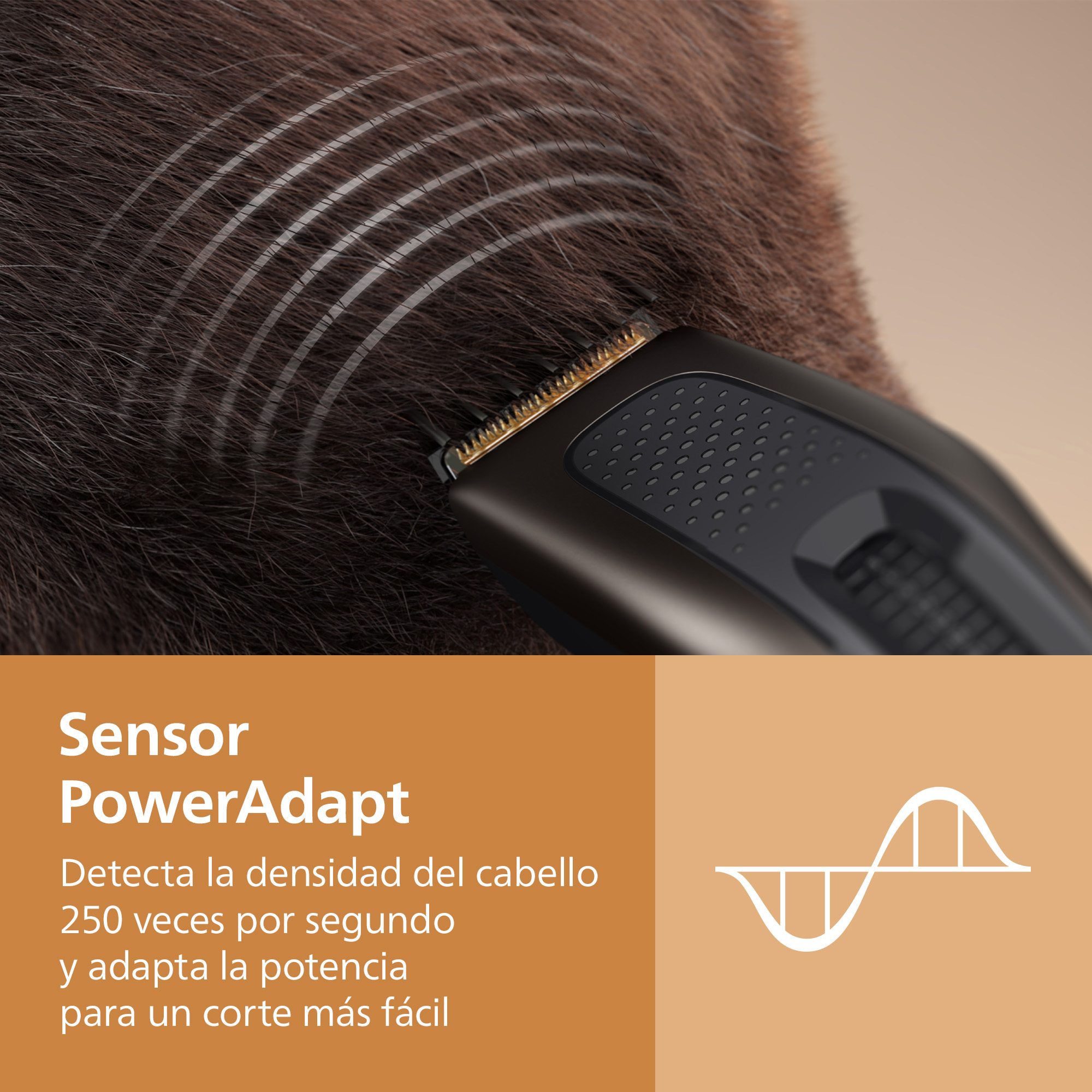 Cortapelos sobre cabello castaño, texto e icono del sensor PowerAdapt abajo.