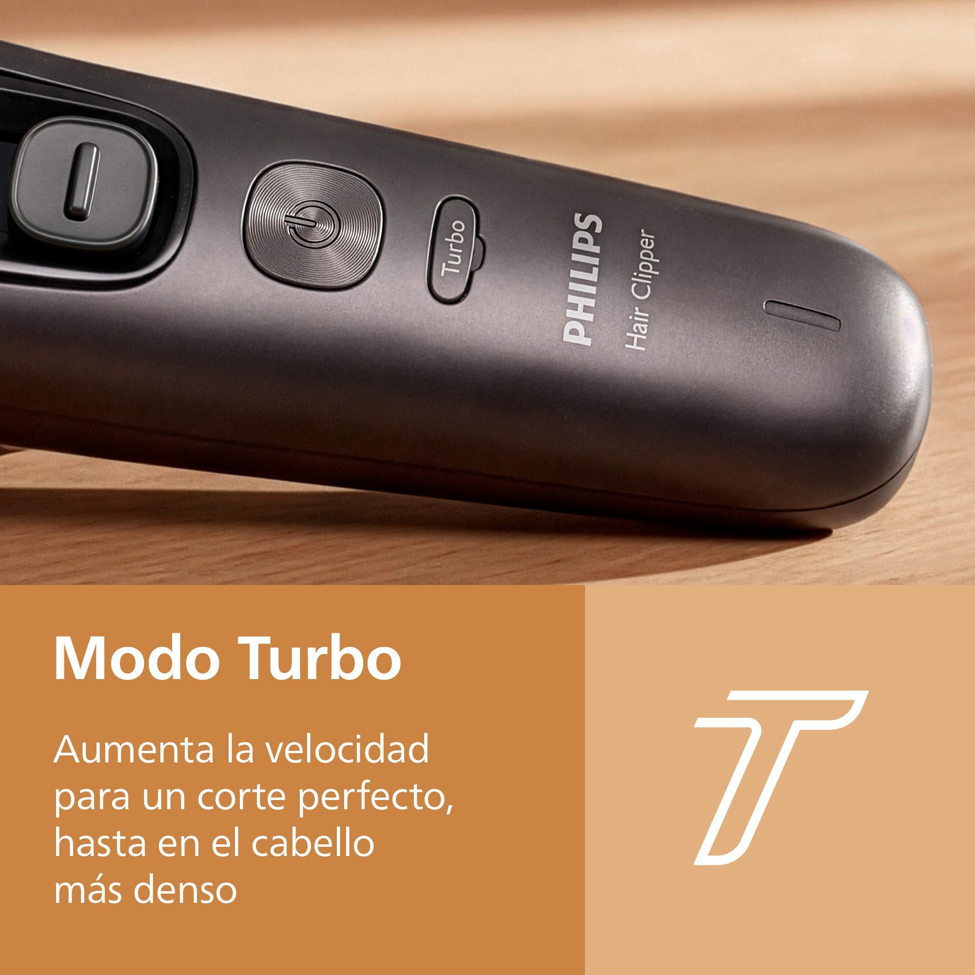 Primer plano de una cortapelos gris Philips con botón turbo y texto de beneficio sobre fondo naranja.
