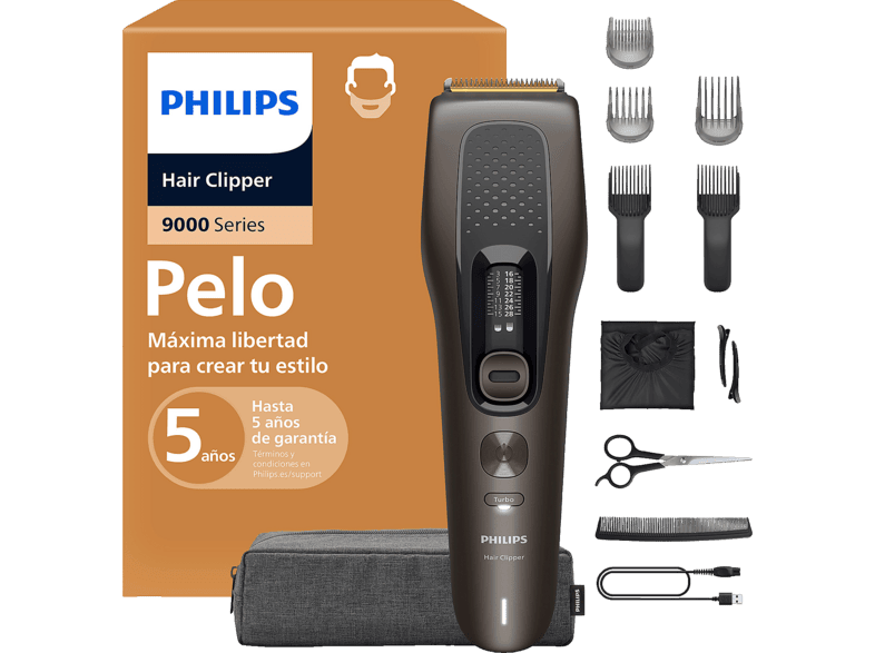 Cortapelos Philips Series 9000 HC9721/15, 28 longitudes, 180 min, cuchillas de titanio, degradados precisión, gris marrón
